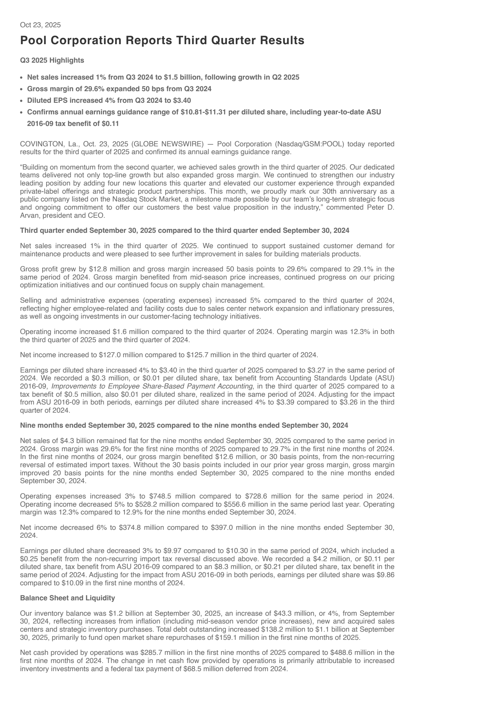 Pool's Q3 2025 Earnings Release