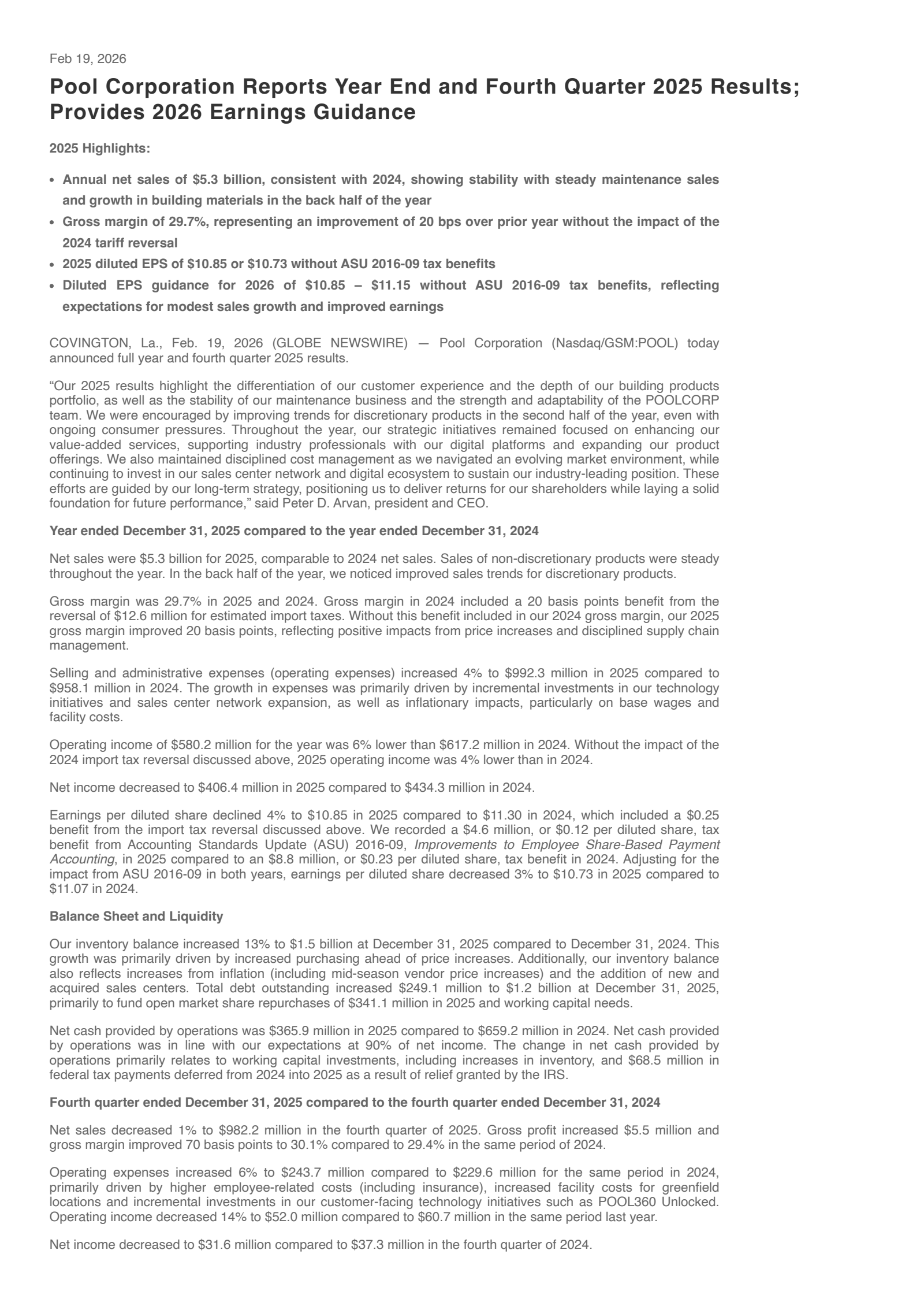 Pool's Q4 2025 Press Release