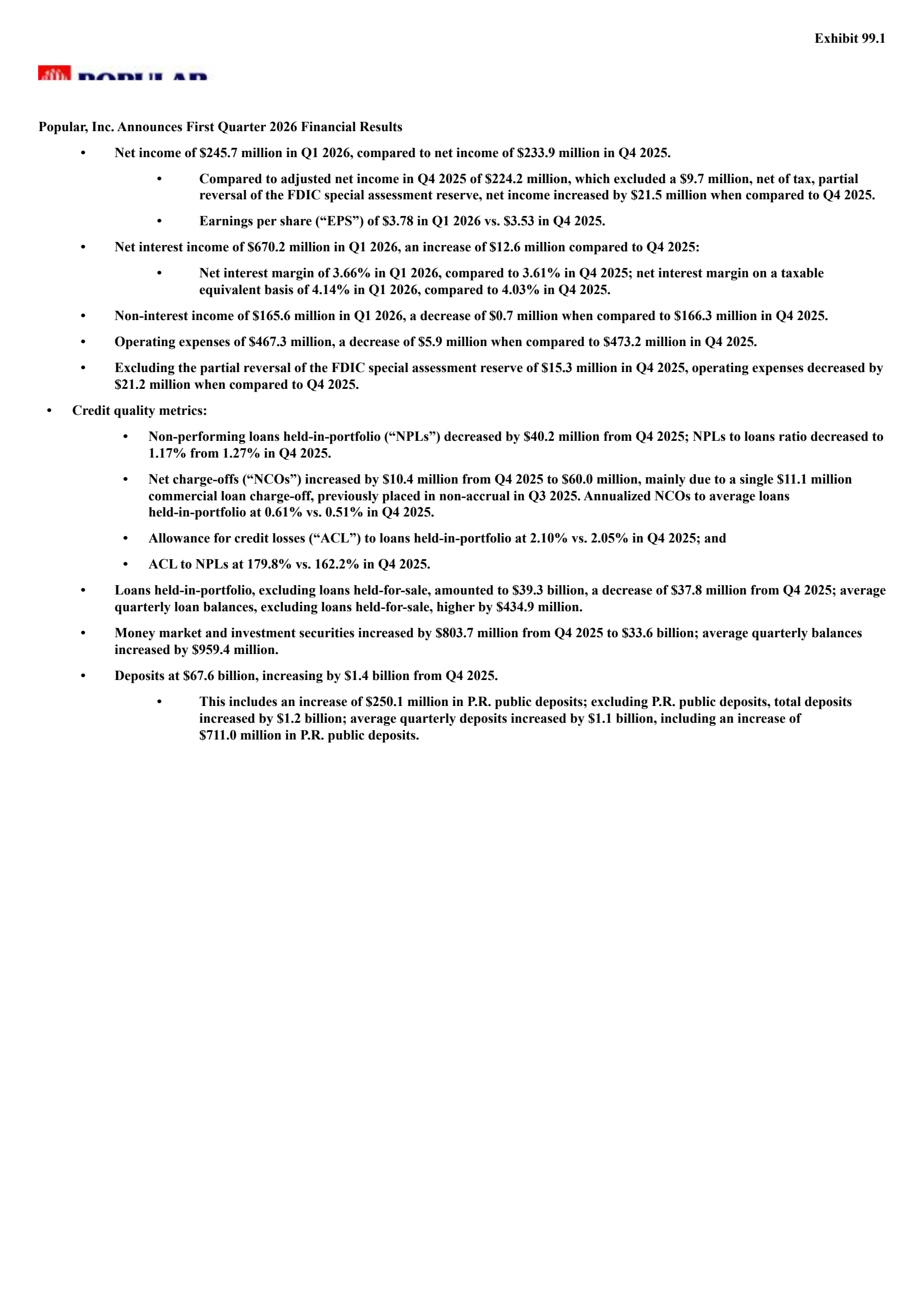 Popular's Q1 2026 Press Release