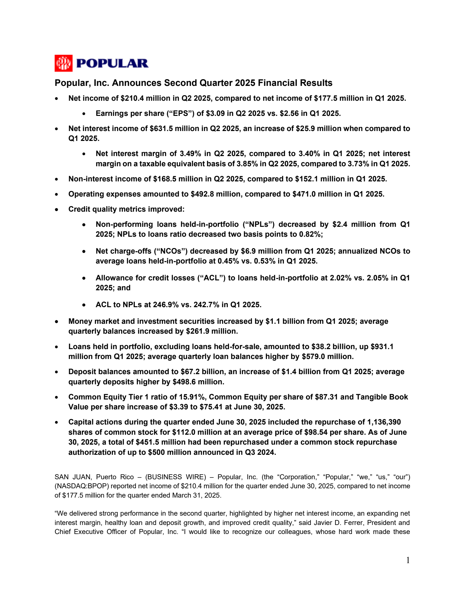 Popular's Q2 2025 Press Release