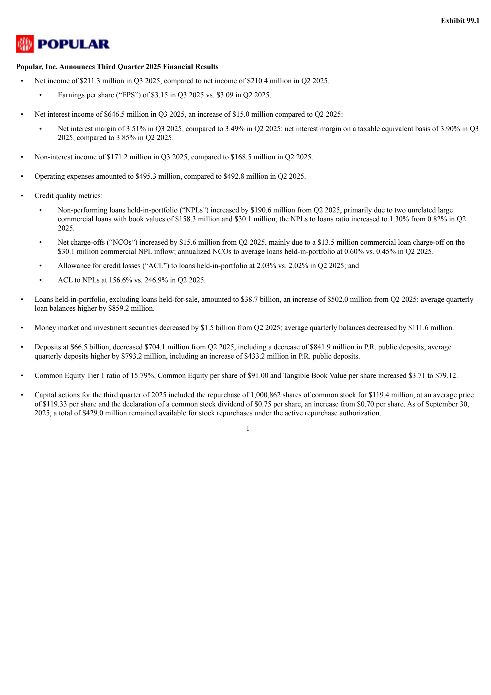 Popular's Q3 2025 Earnings Release