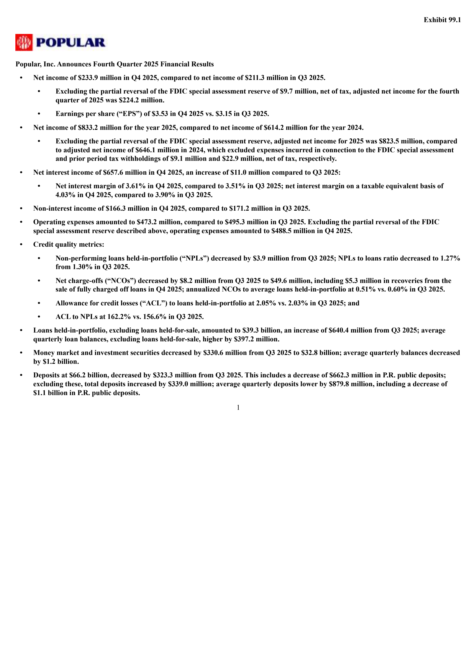 Popular's Q4 2025 Press Release
