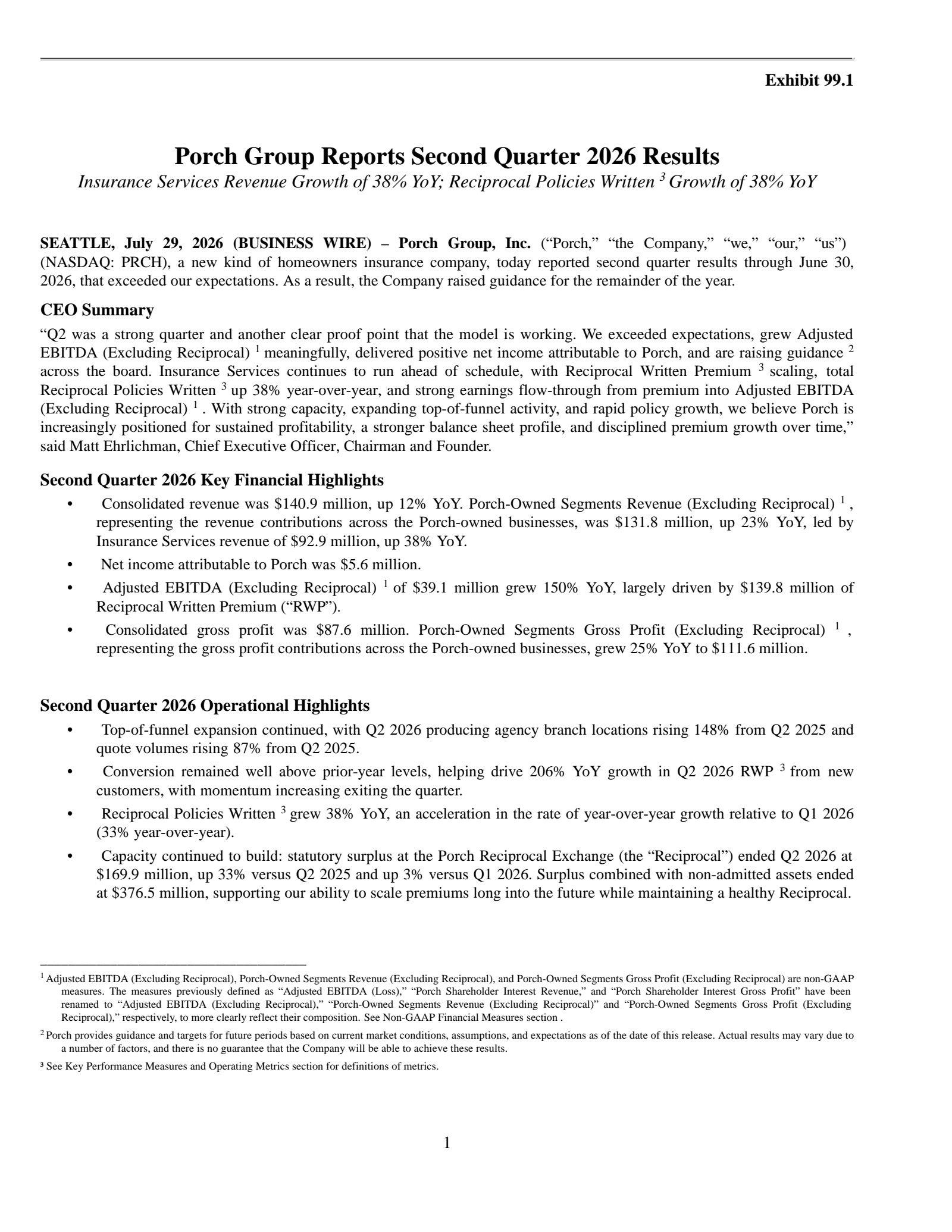 Porch Group's Q2 2026 Press Release