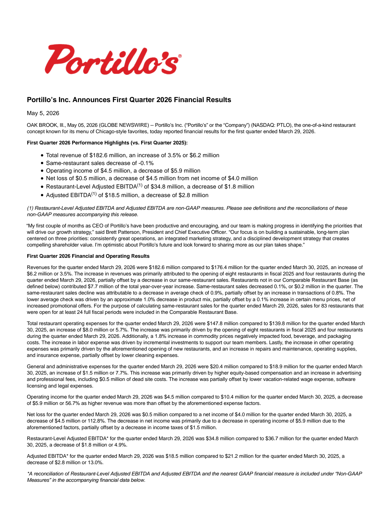 Portillo's' Q1 2026 Press Release