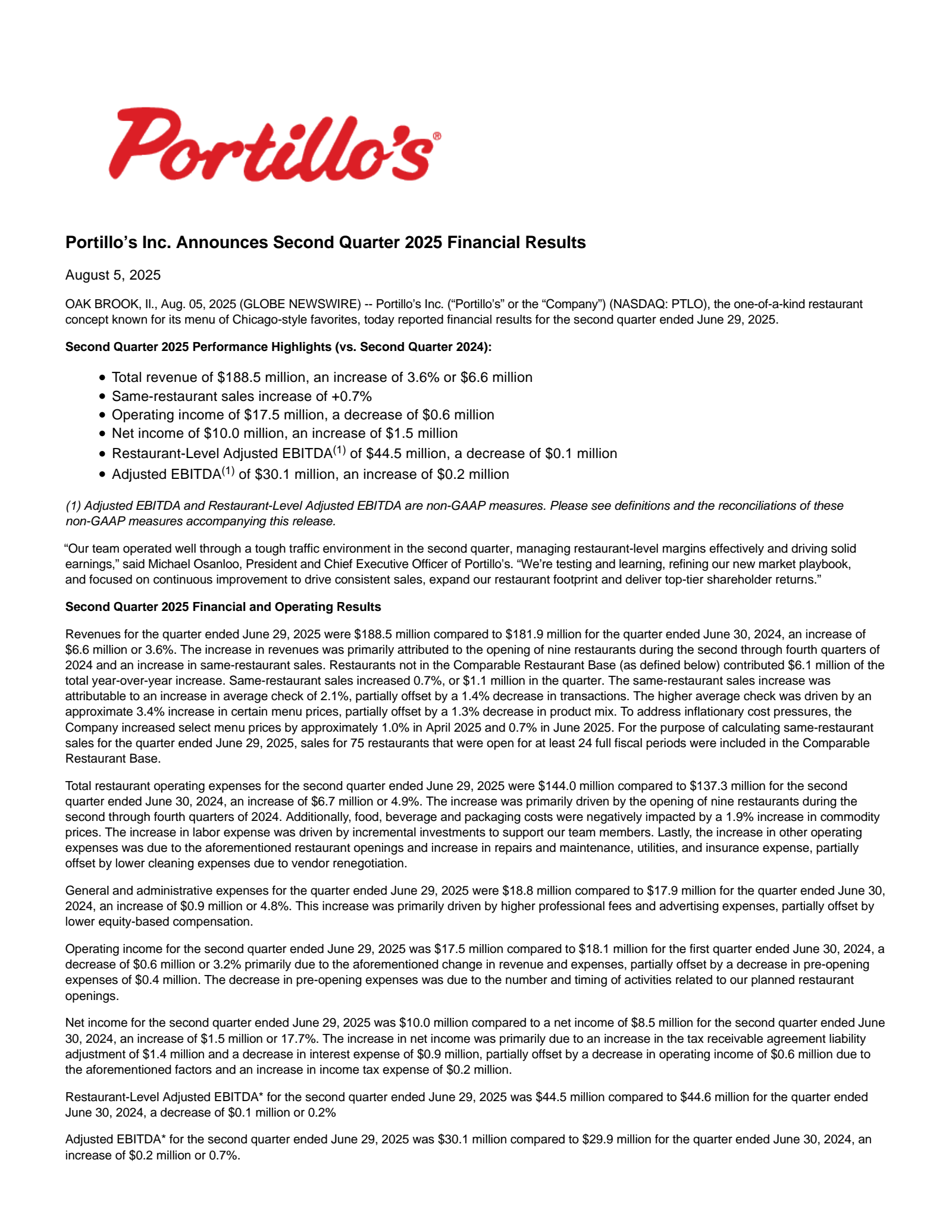 Portillo's' Q2 2025 Press Release