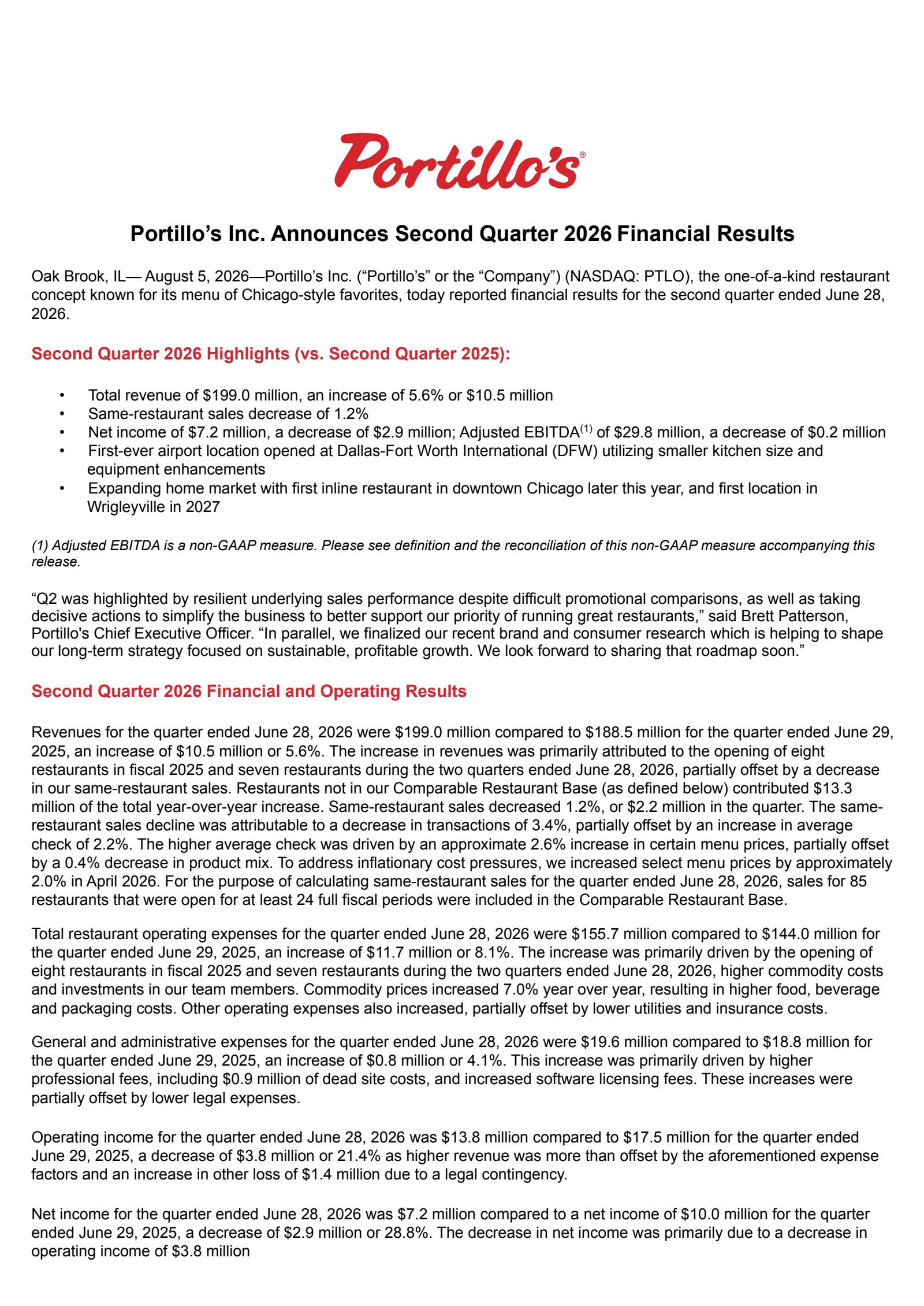 Portillo's' Q2 2026 Press Release