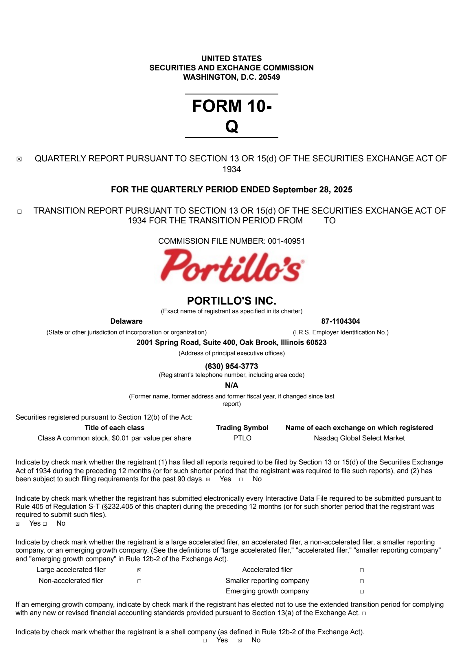 Portillo's' Q3 2025 Quarterly Report