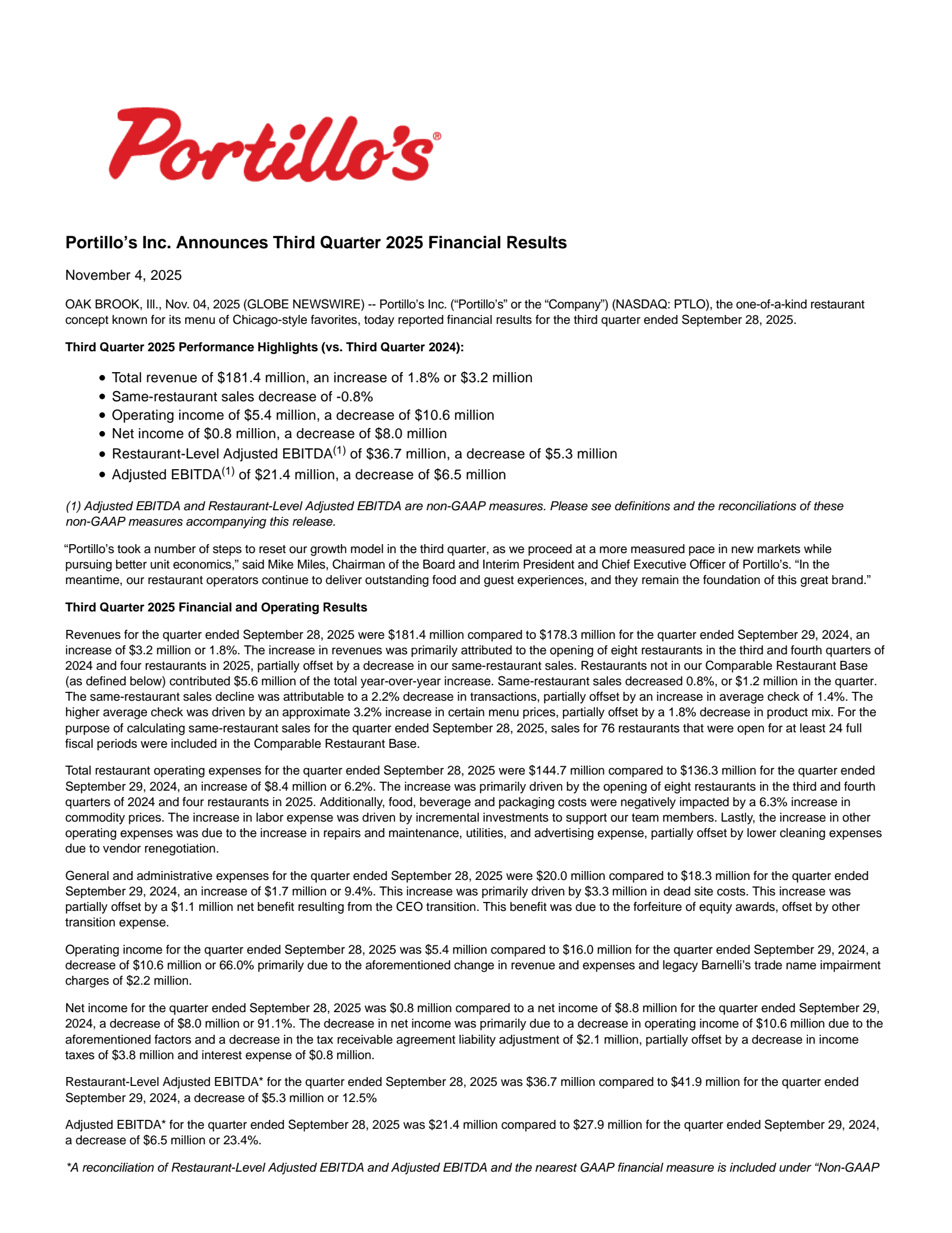 Portillo's' Q3 2025 Earnings Release