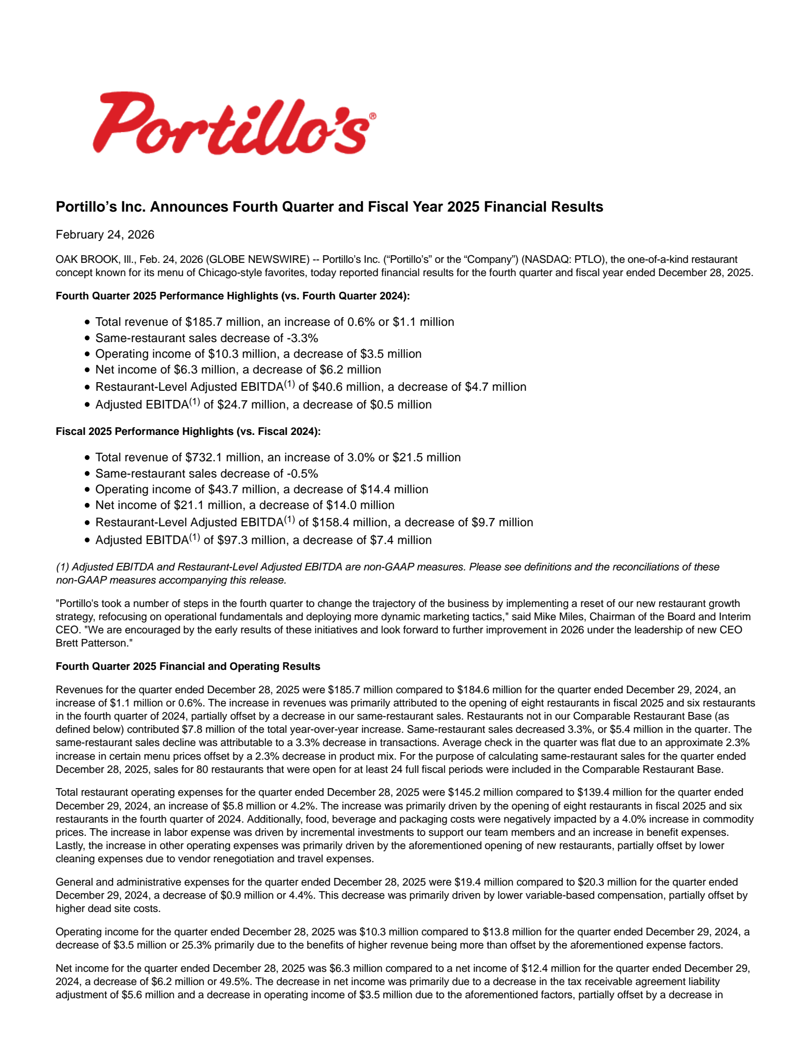 Portillo's' Q4 2025 Press Release