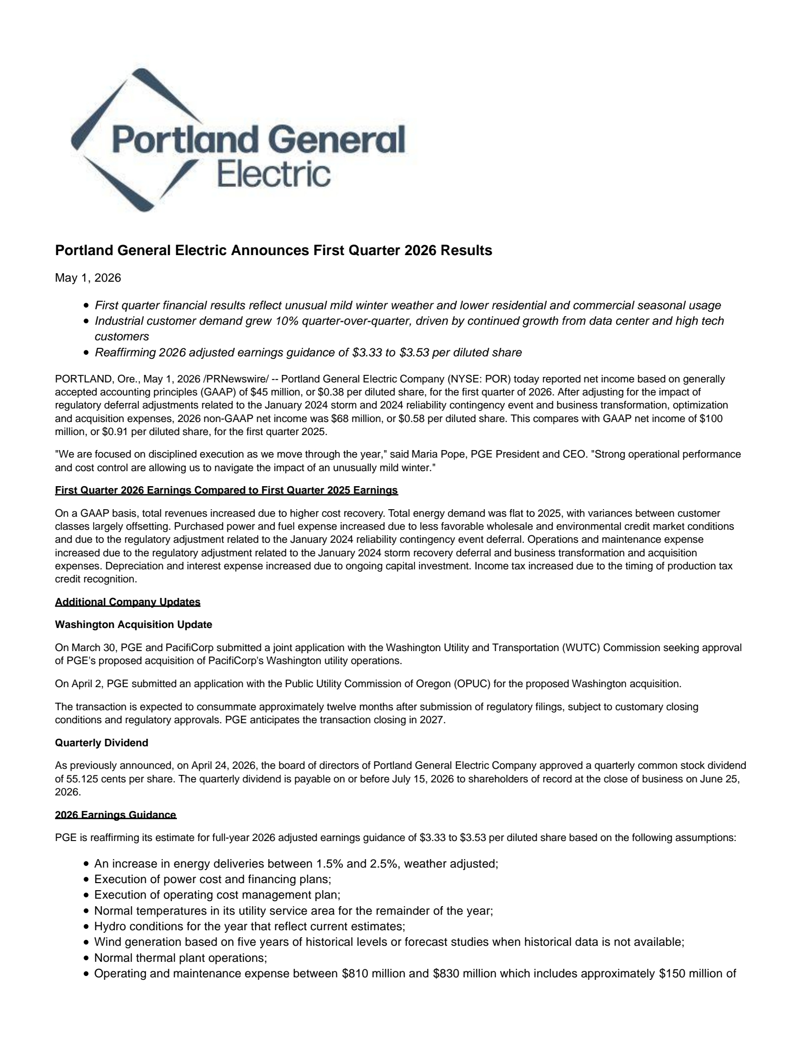 Portland General Electric's Q1 2026 Press Release