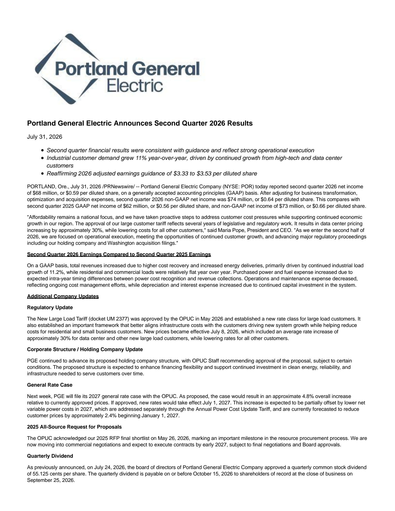 Portland General Electric's Q2 2026 Press Release