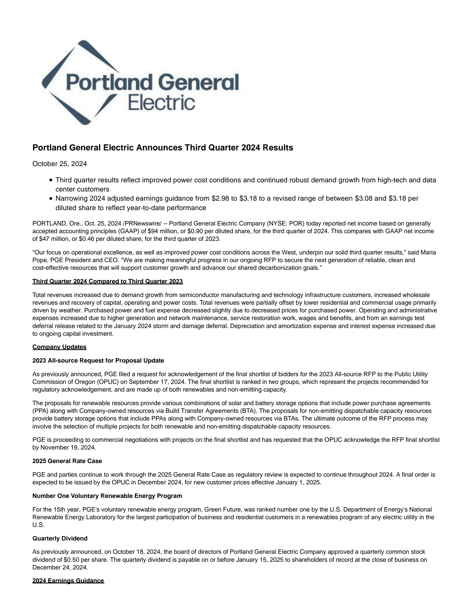 Portland General Electric's Q3 2024 Press Release