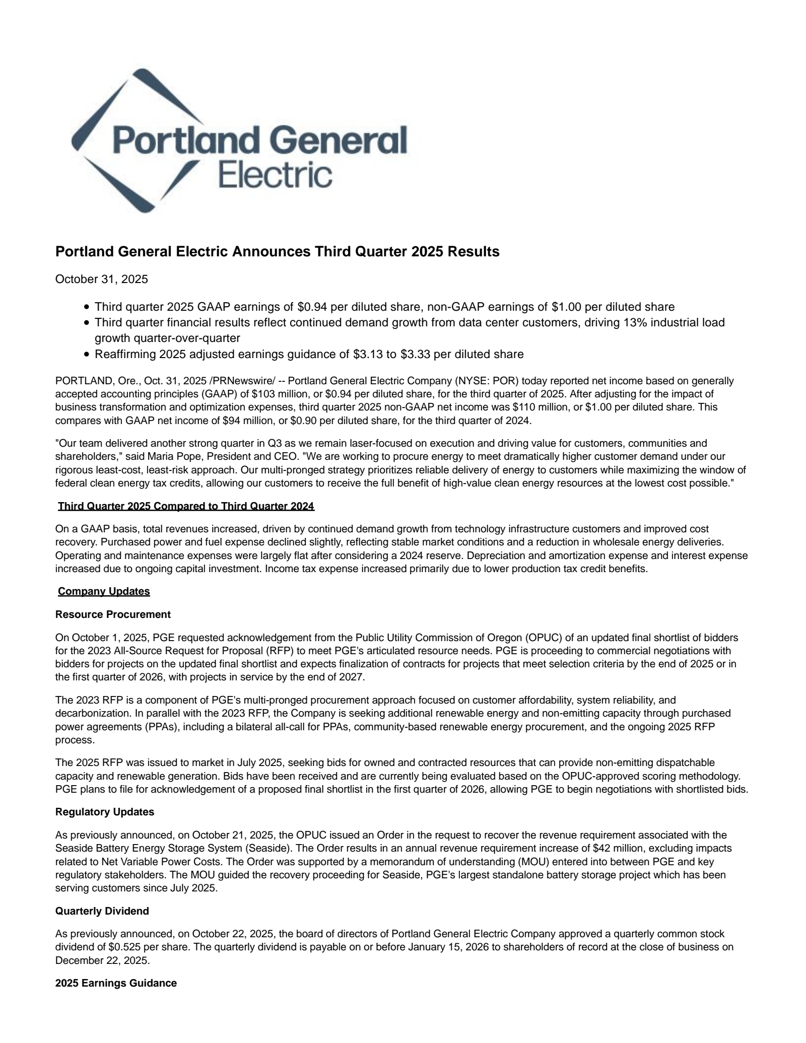 Portland General Electric's Q3 2025 Earnings Release