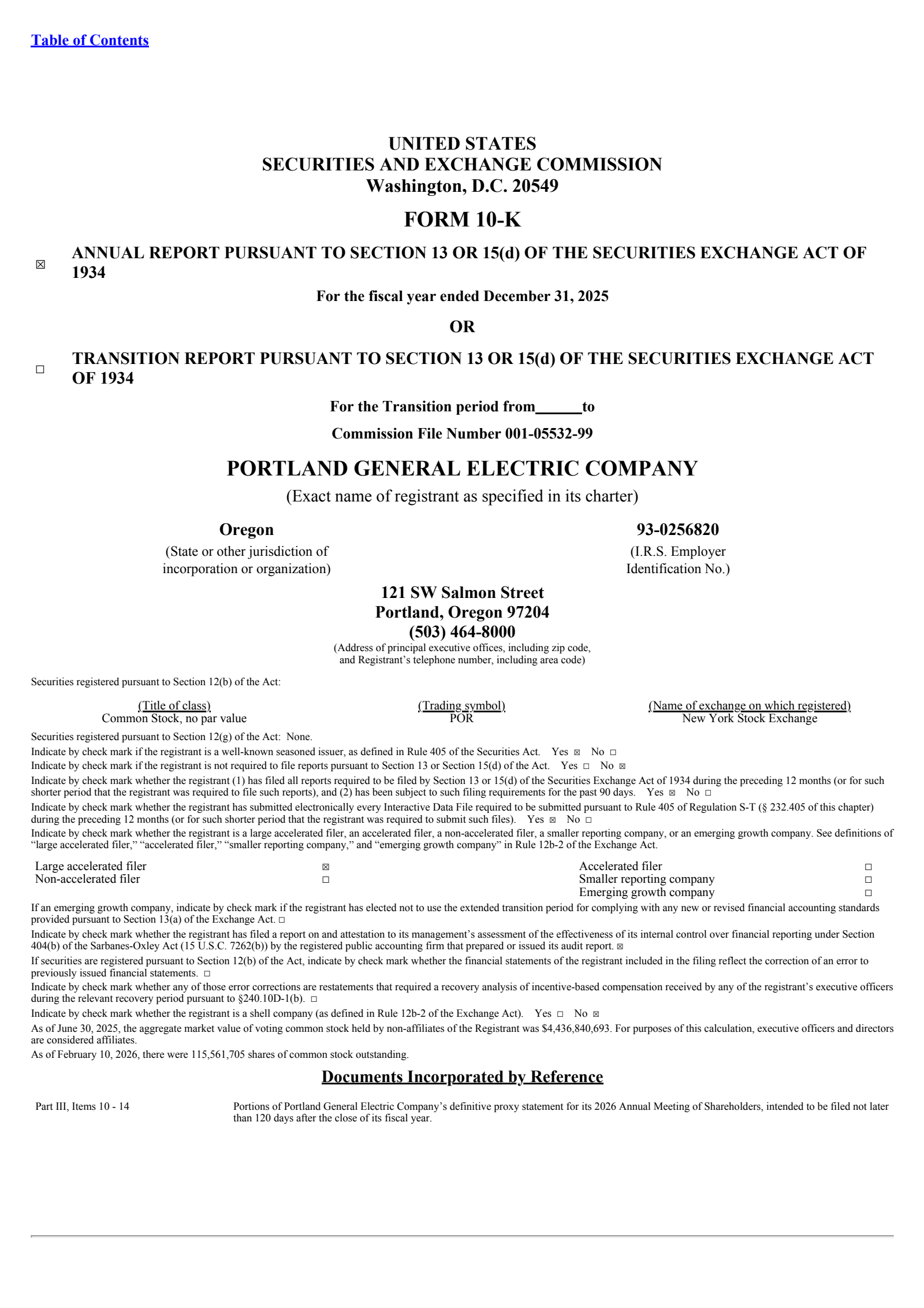 Portland General Electric's Q4 2025 Annual report