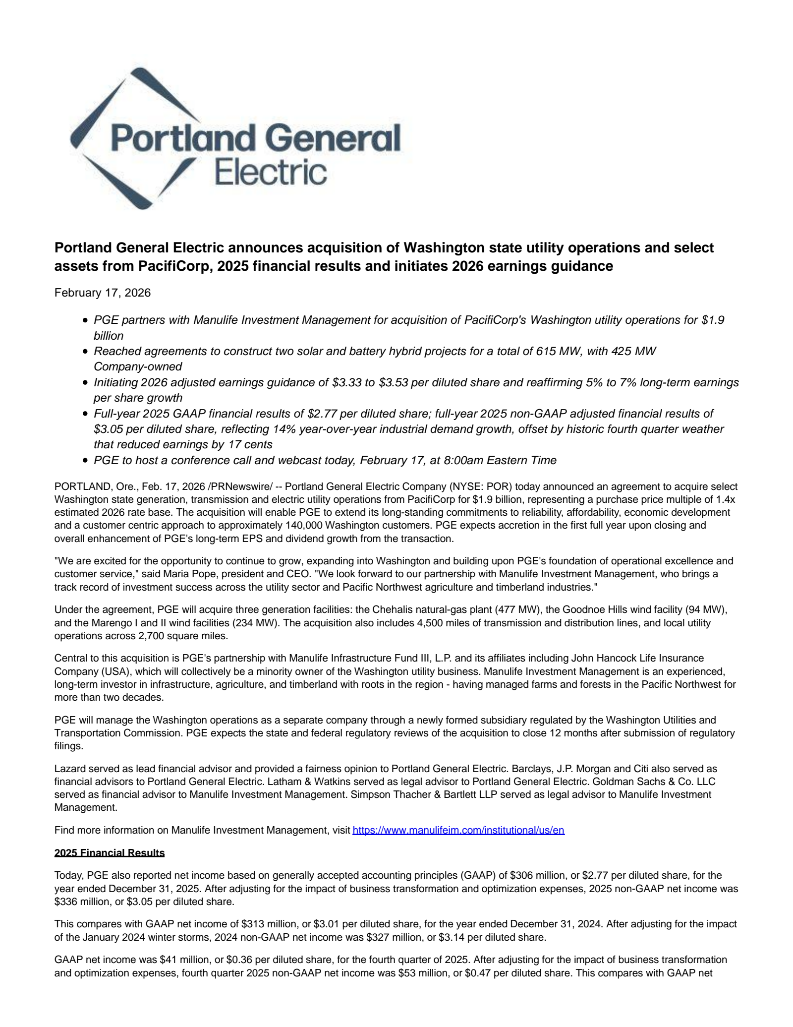 Portland General Electric's Q4 2025 Press Release