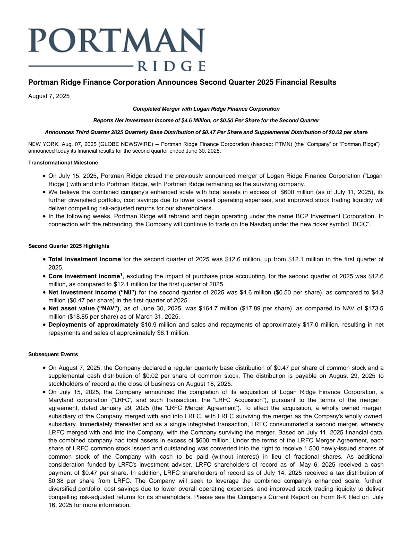 Portman Ridge Finance's Q2 2025 Press Release