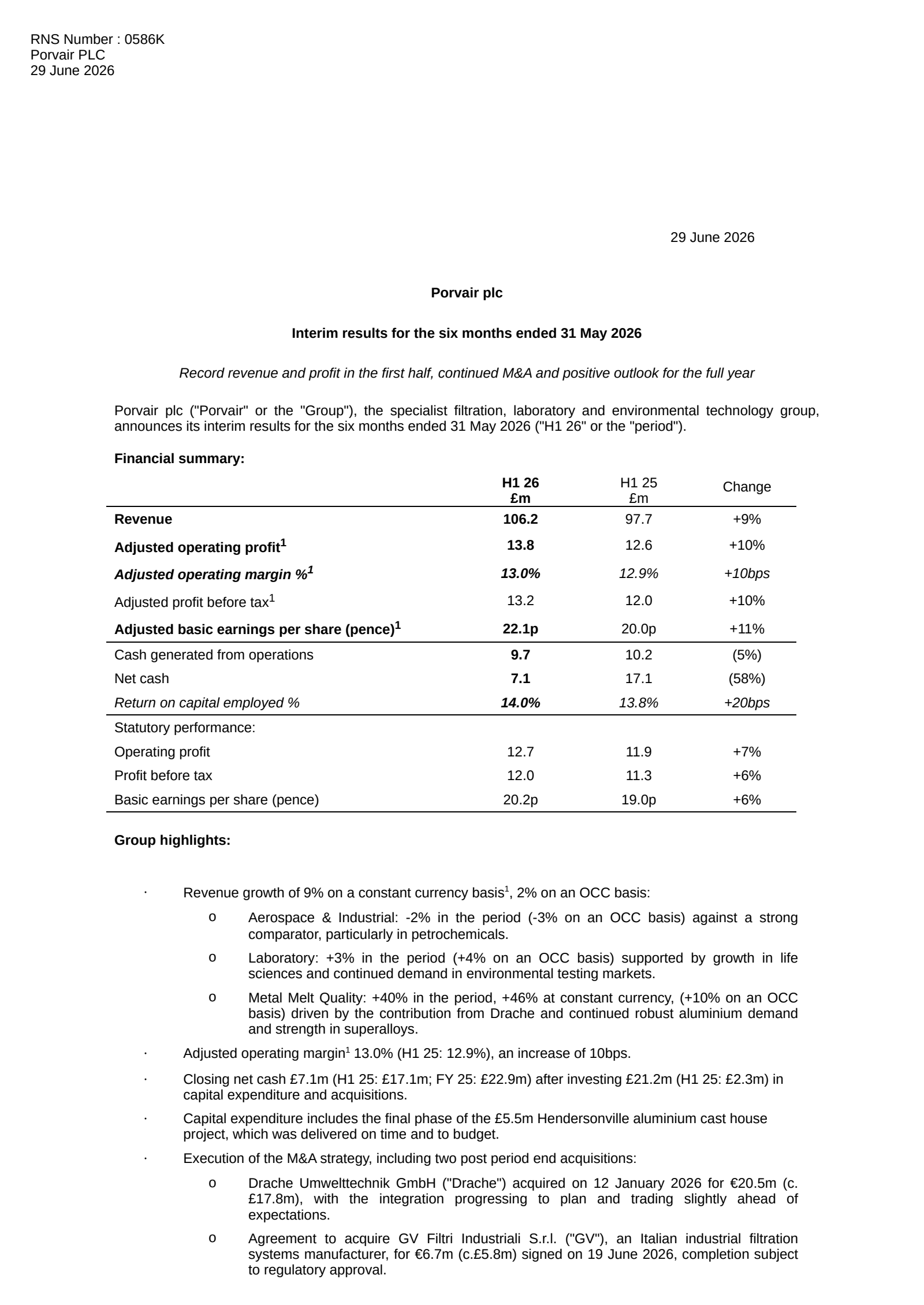 Porvair's H1 2026 Interim report