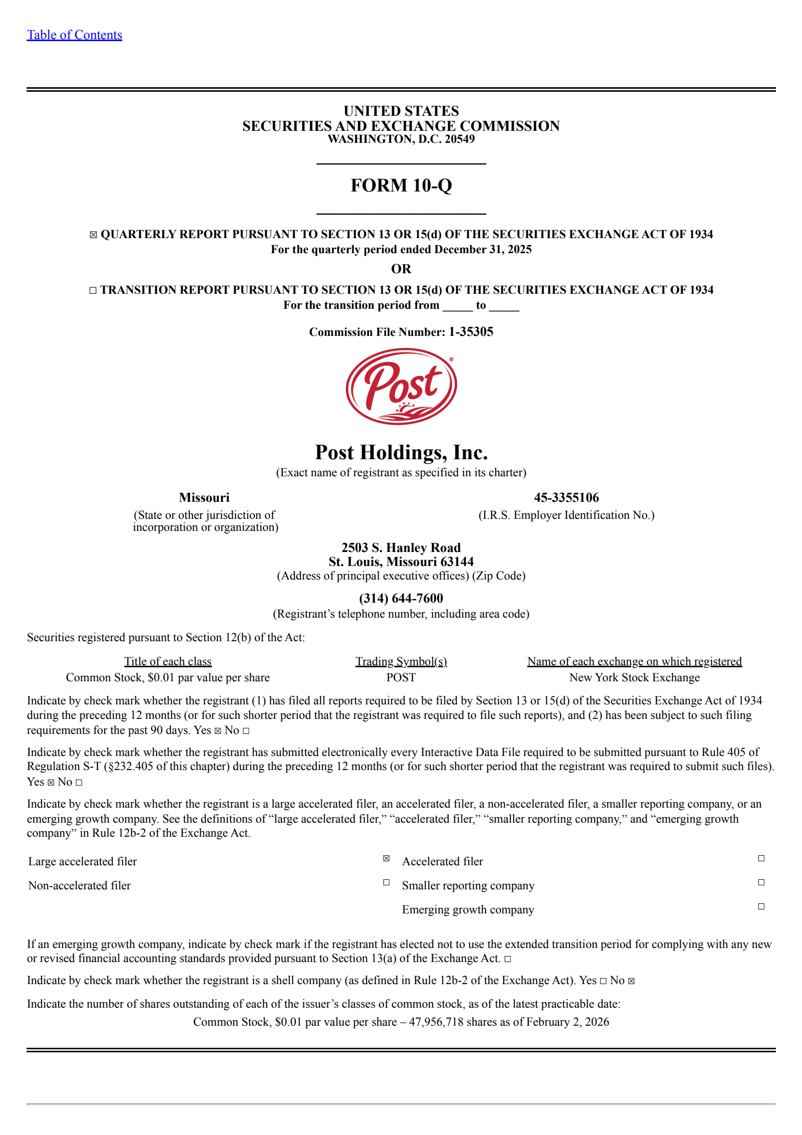 Post's Q1 2026 Quarterly report