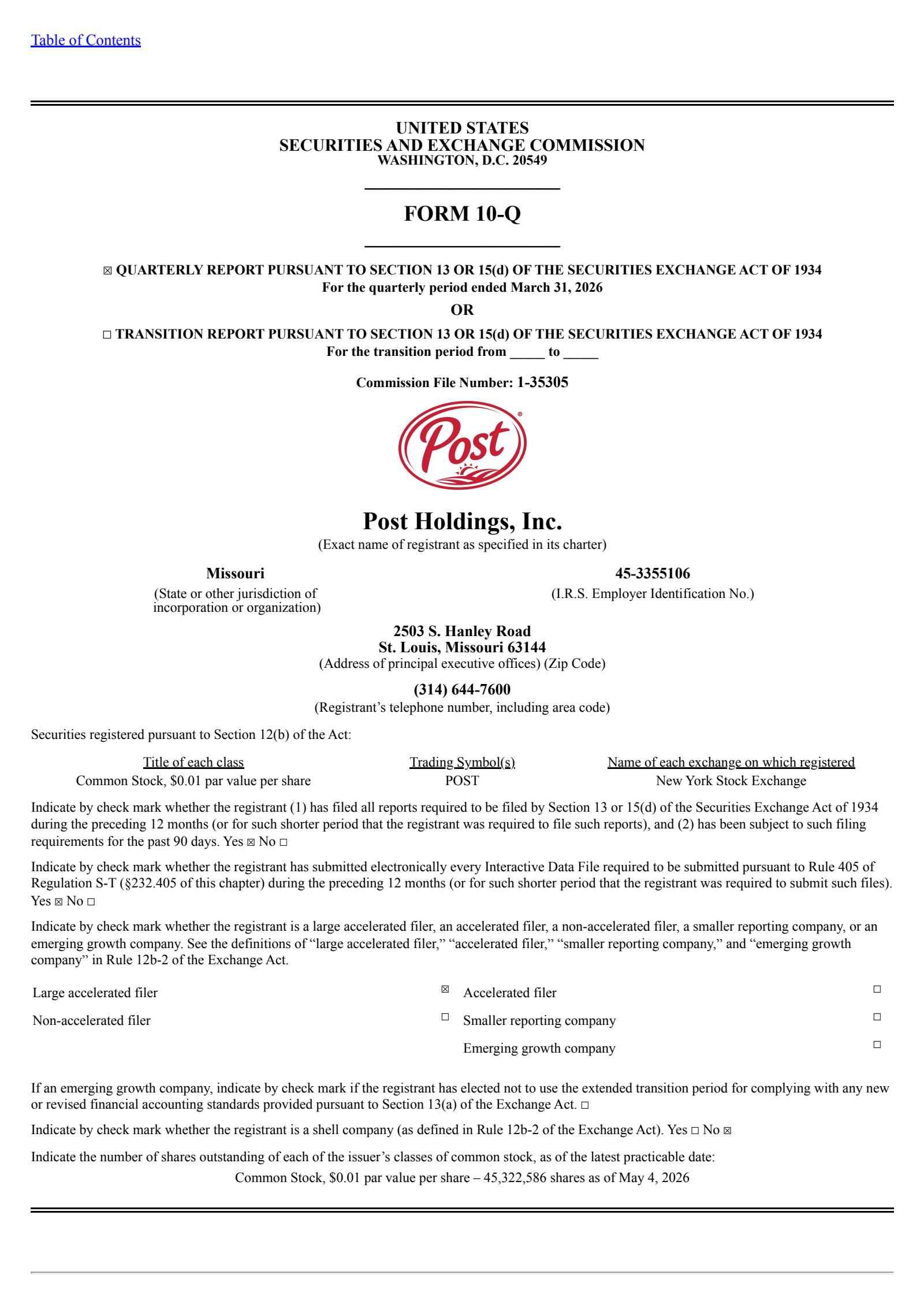 Post's Q2 2026 Quarterly report