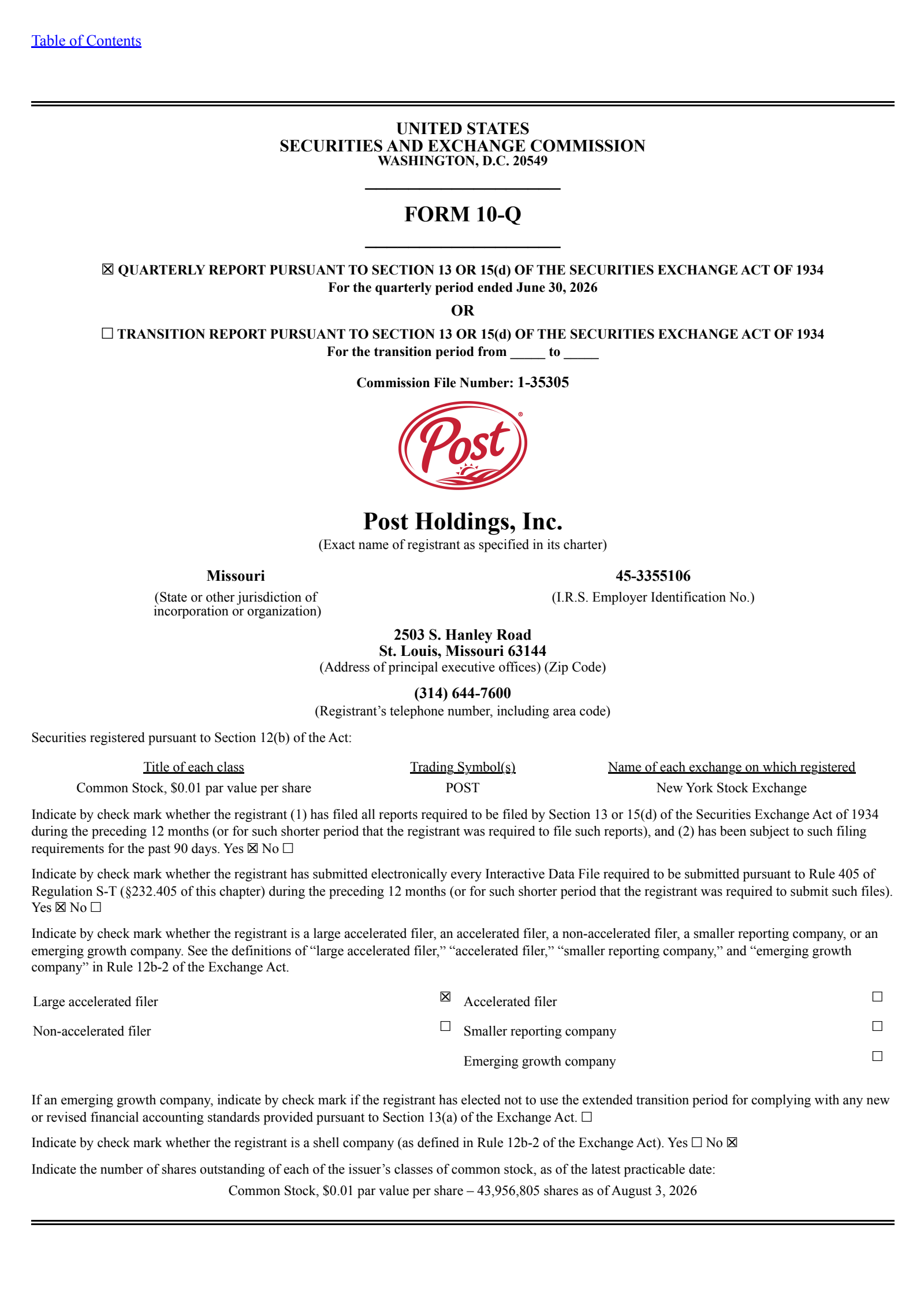 Post's Q3 2026 Quarterly report