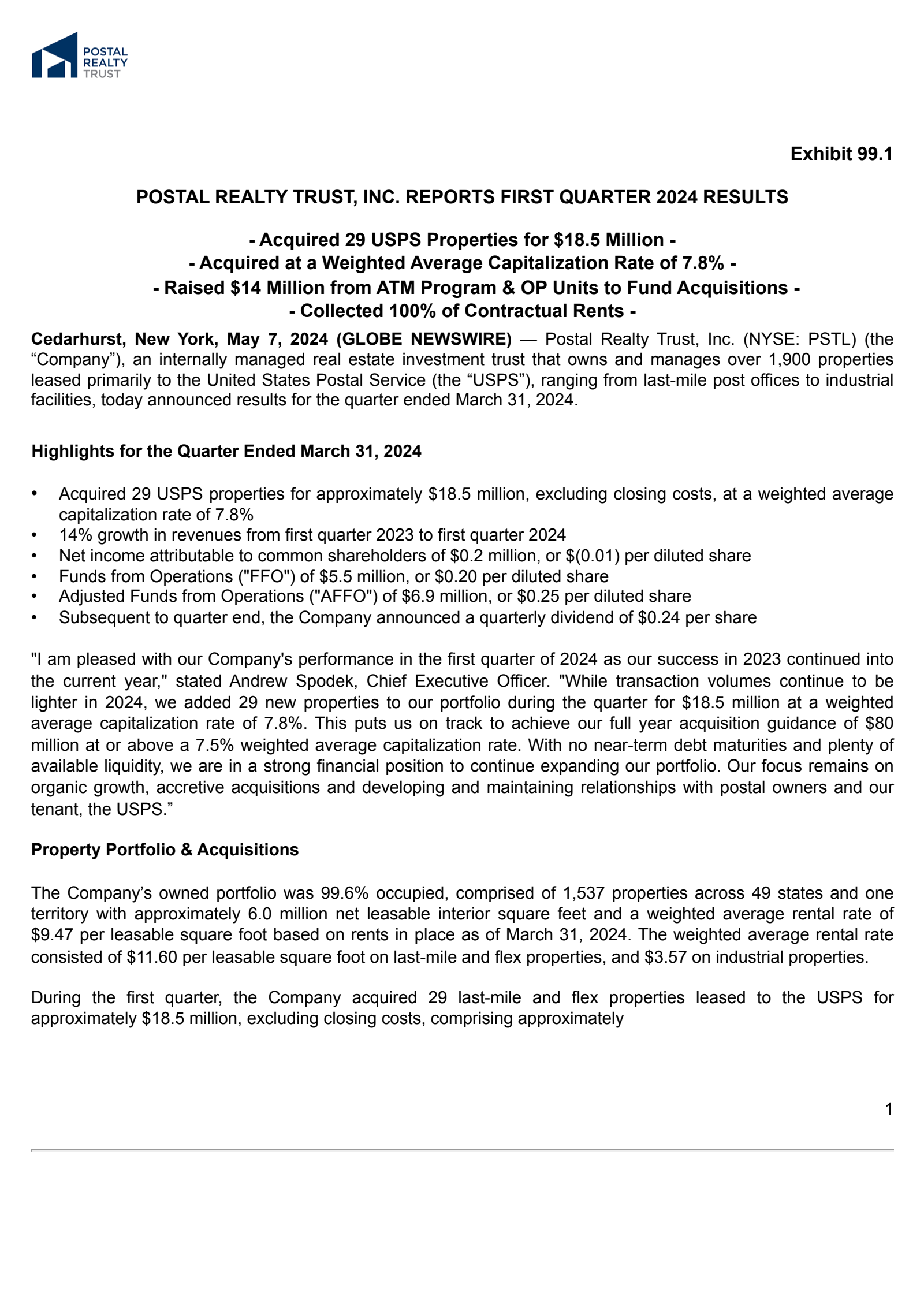 Postal Realty Trust's Q1 2024 Press Release