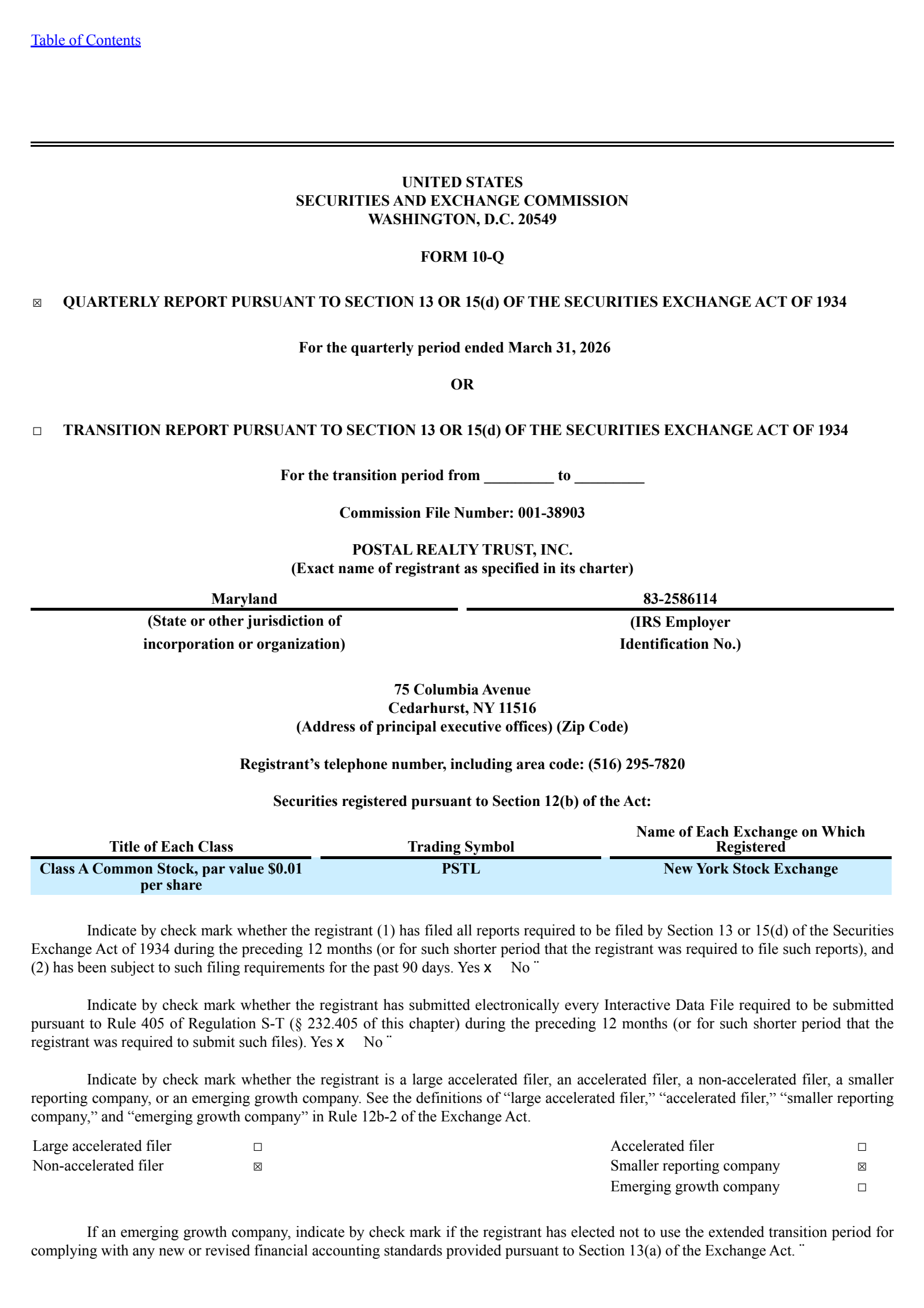 Postal Realty Trust's Q1 2026 Quarterly report