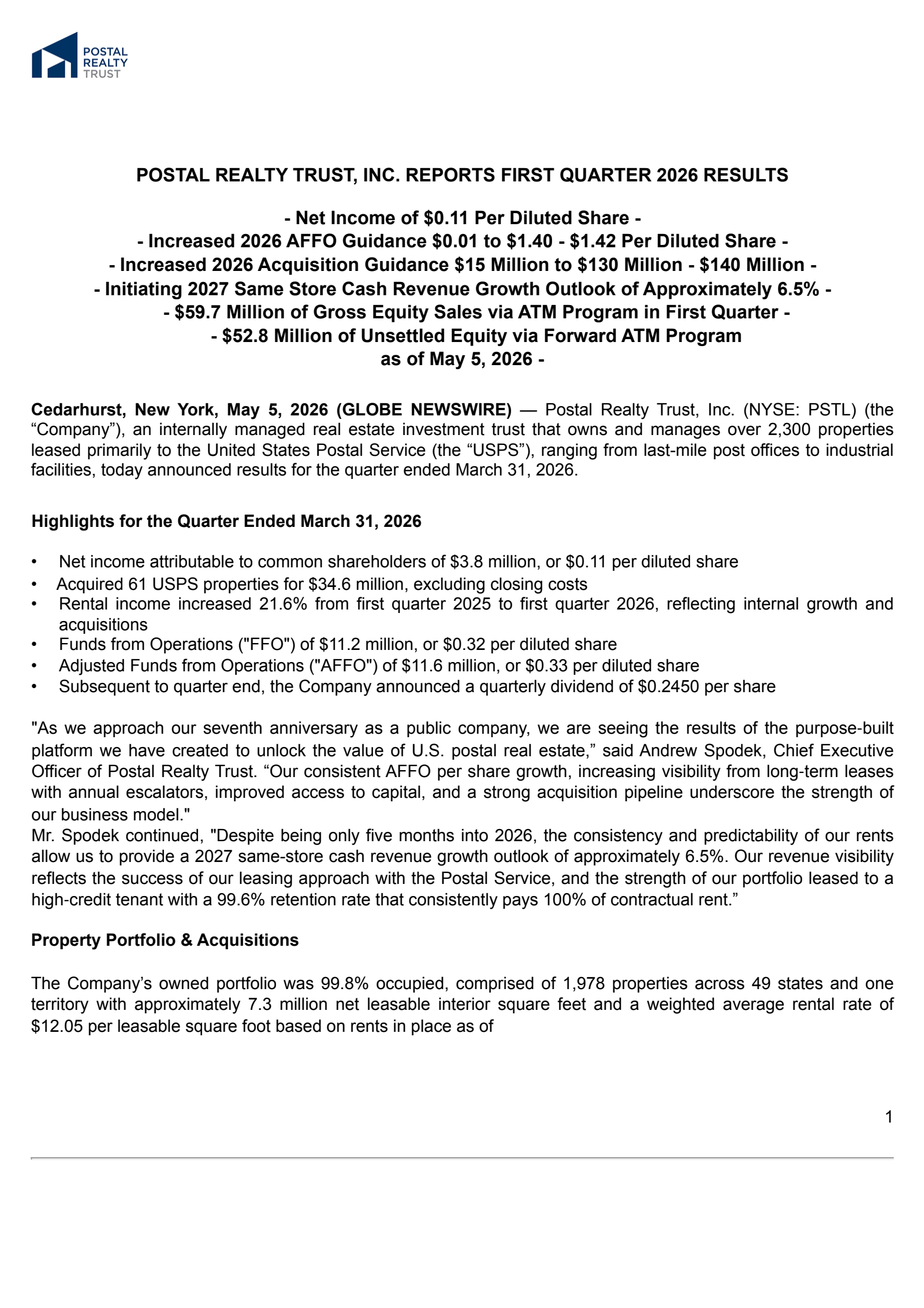 Postal Realty Trust's Q1 2026 Press Release