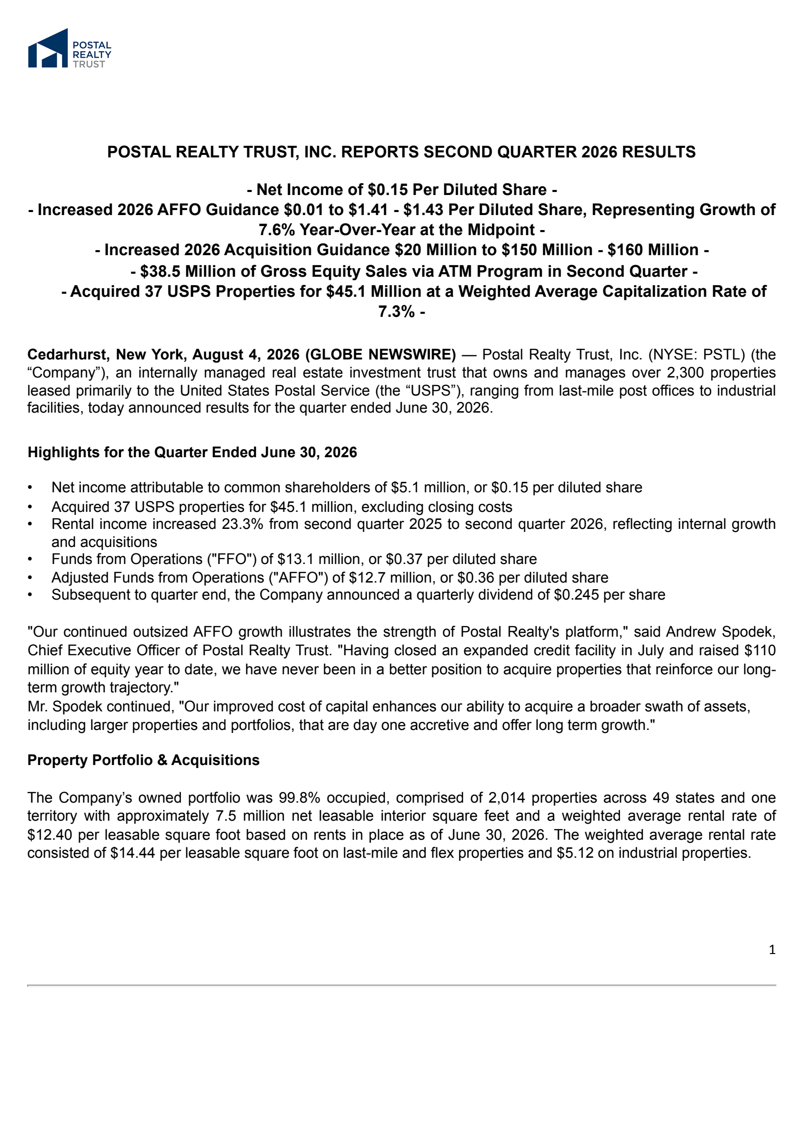 Postal Realty Trust's Q2 2026 Press Release