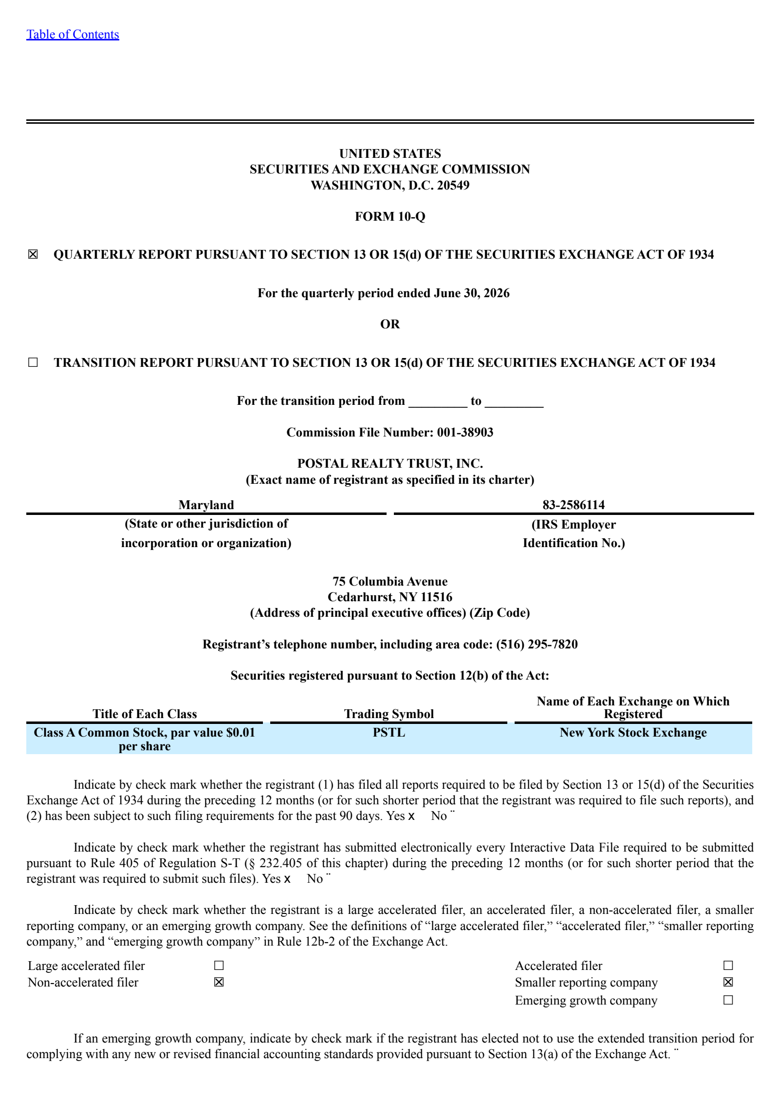 Postal Realty Trust's Q2 2026 Quarterly report