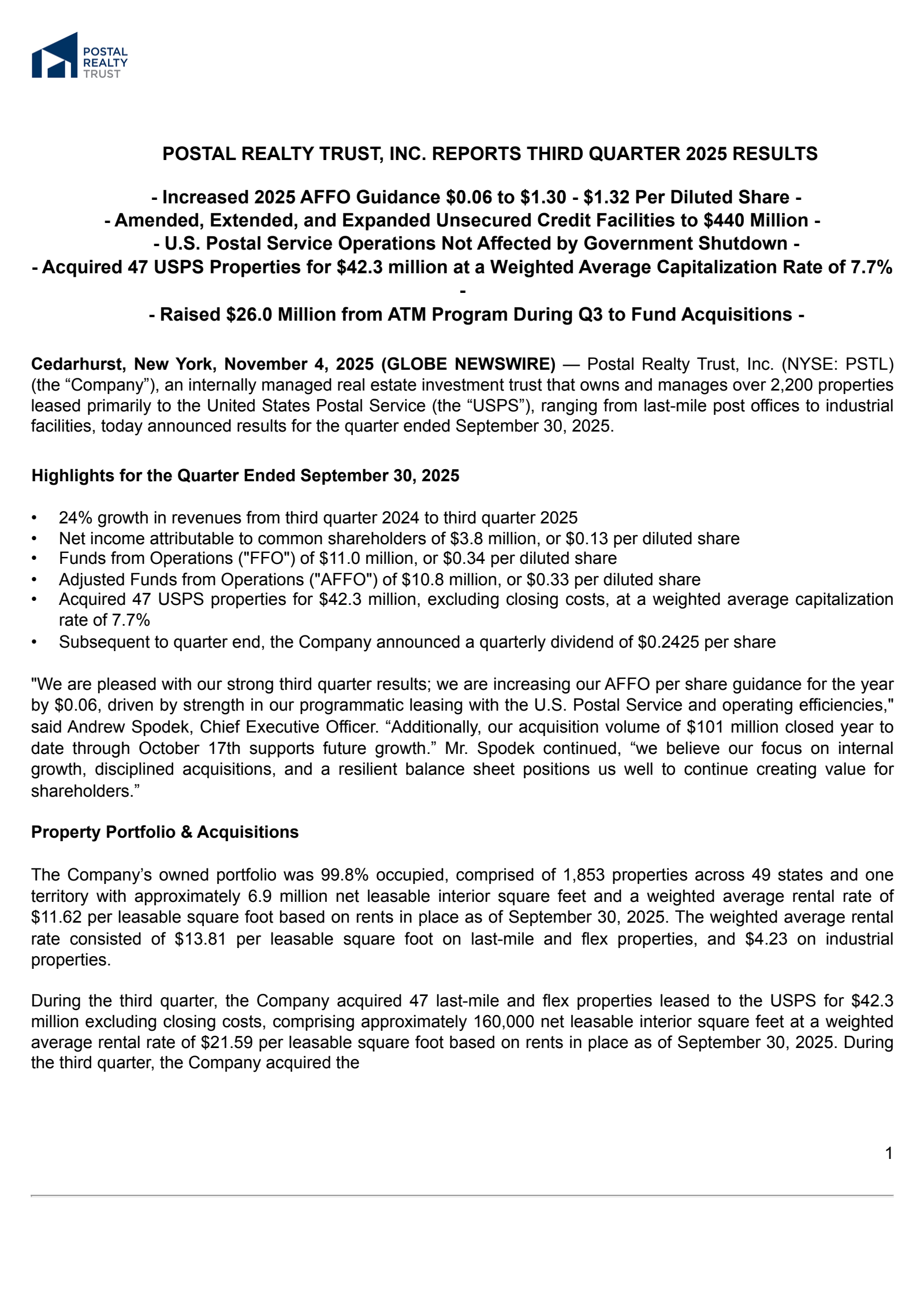 Postal Realty Trust's Q3 2025 Earnings Release
