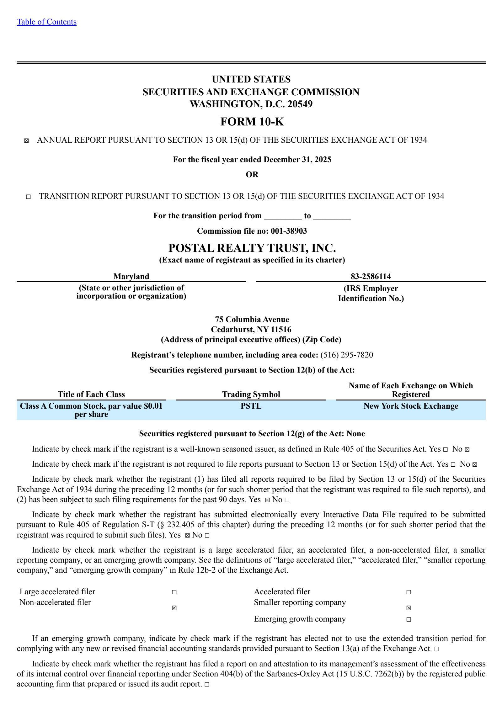 Postal Realty Trust's Q4 2025 Annual report
