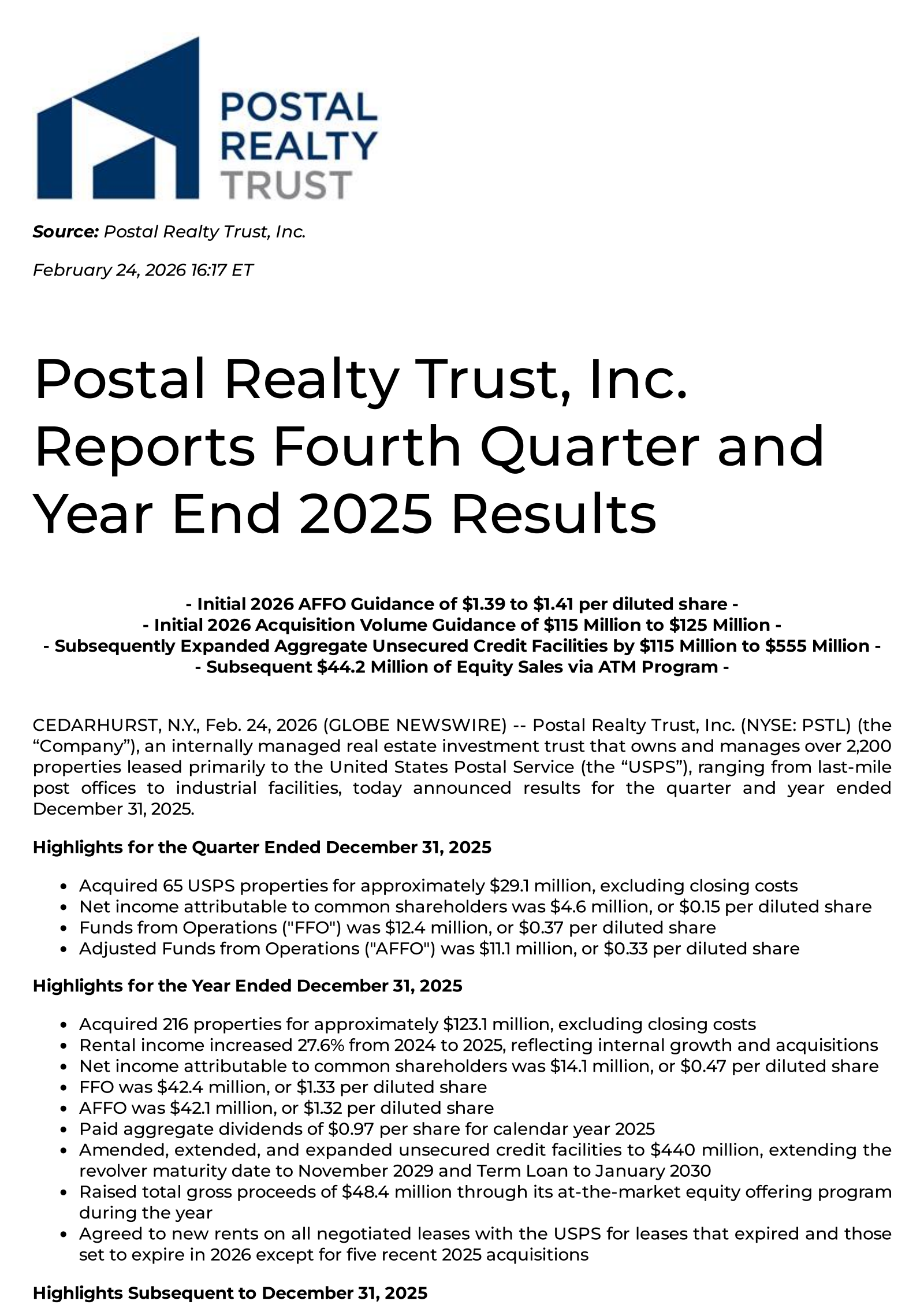 Postal Realty Trust's Q4 2025 Press Release