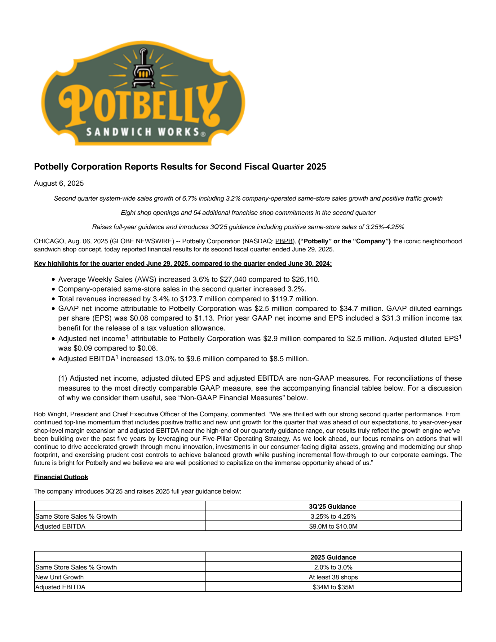 Potbelly's Q2 2025 Press Release