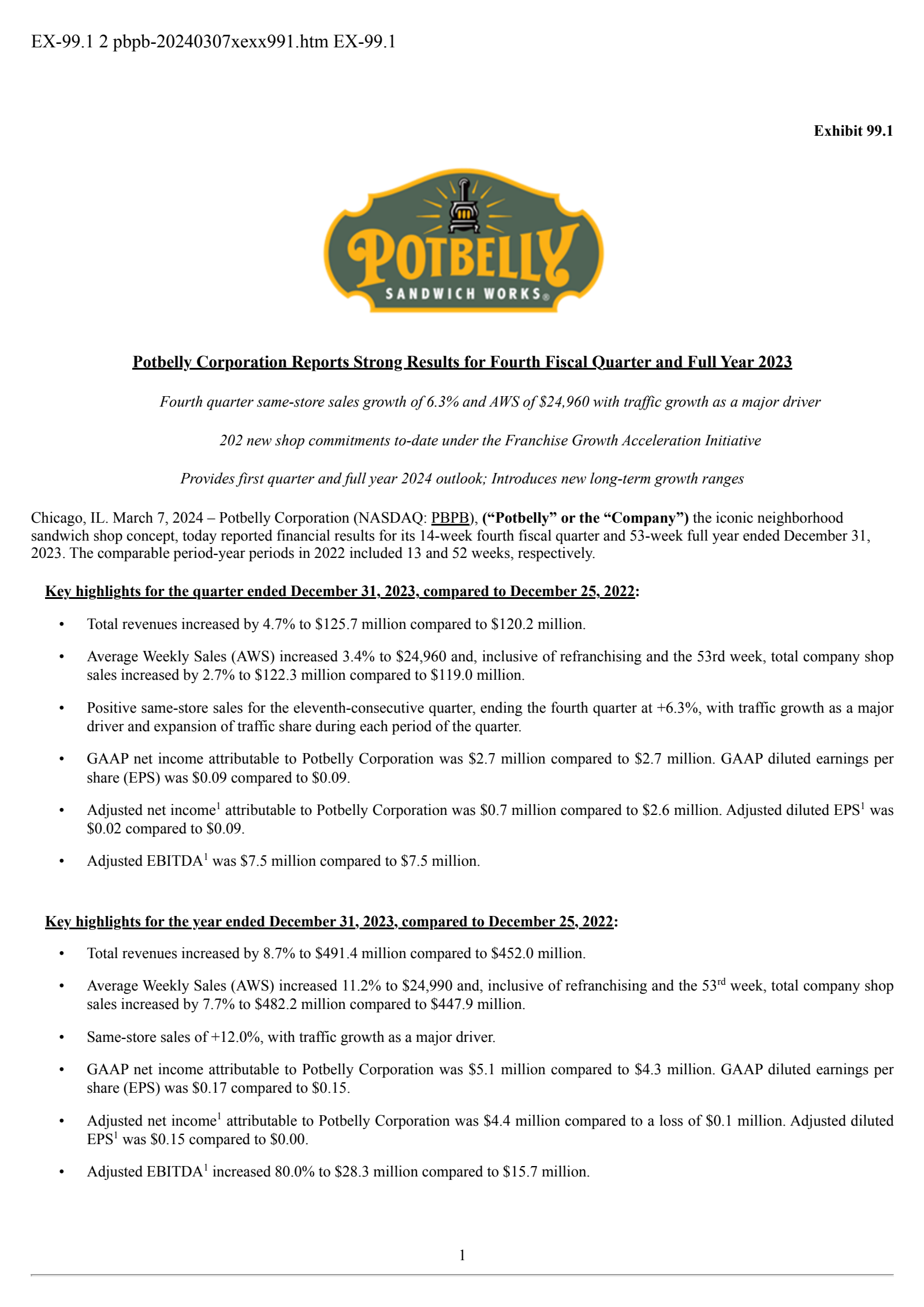 Potbelly's Q4 2023 Press Release