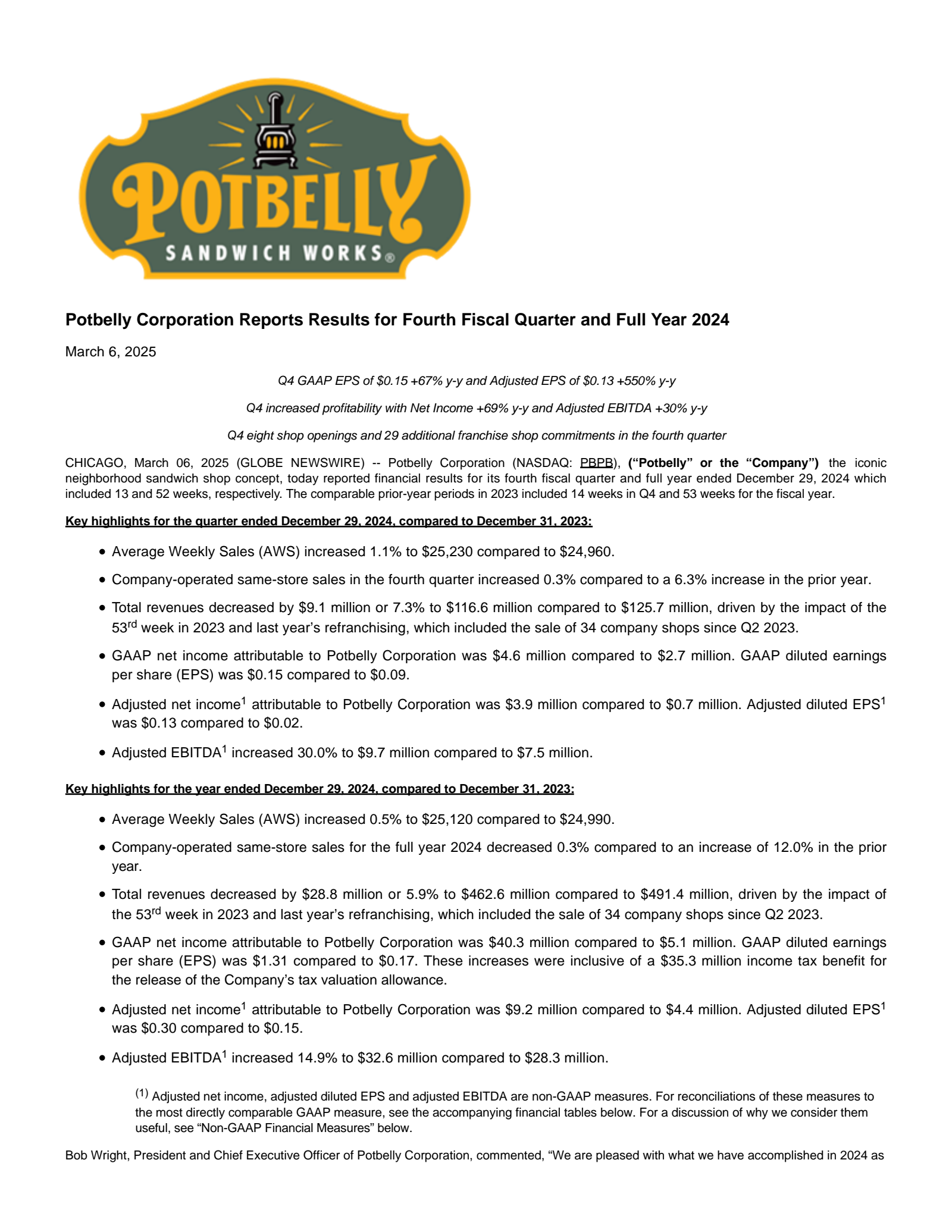 Potbelly's Q4 2024 Press Release