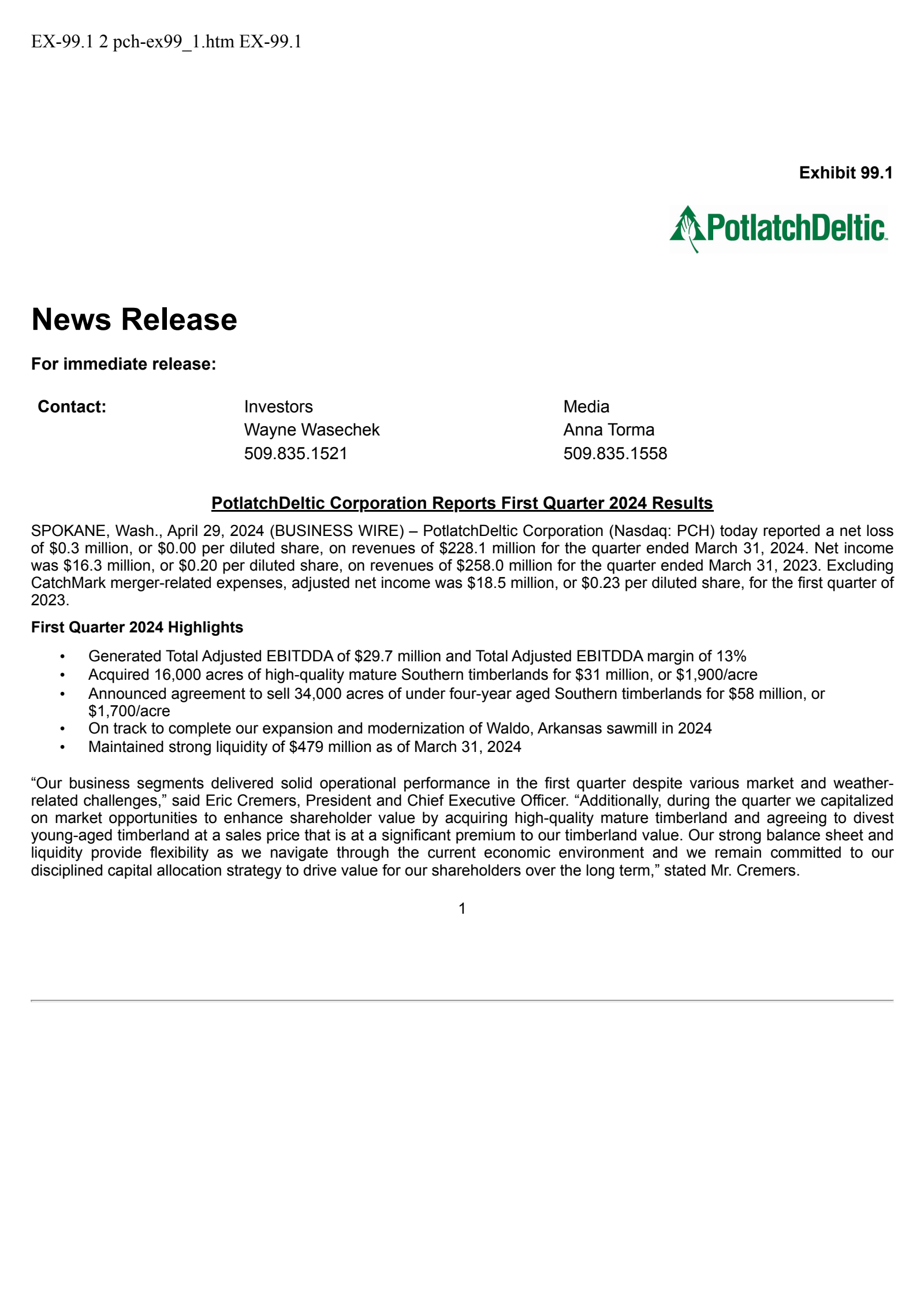 Potlatch's Q1 2024 Press Release