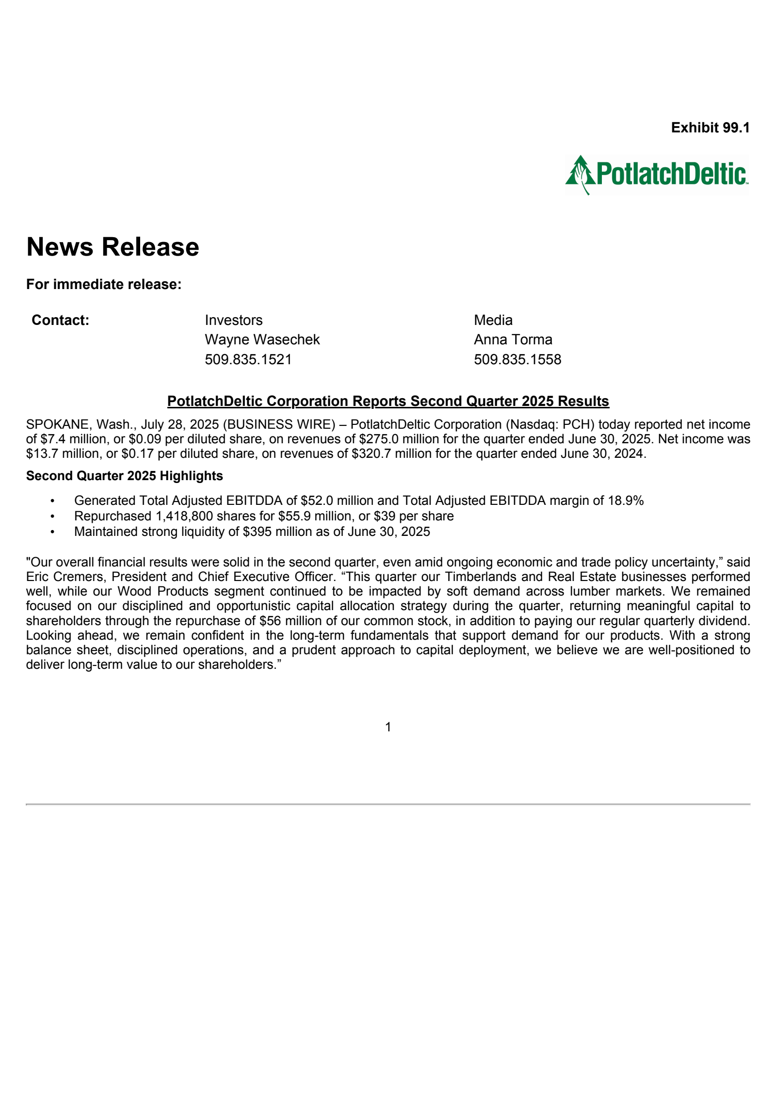 Potlatch's Q2 2025 Press Release