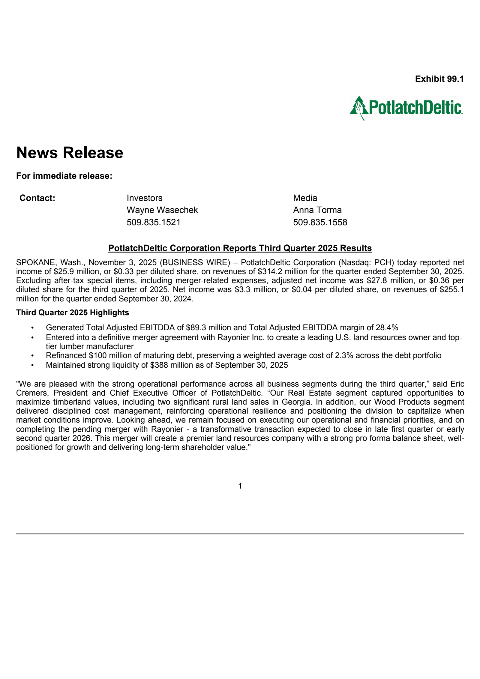 Potlatch's Q3 2025 Earnings Release