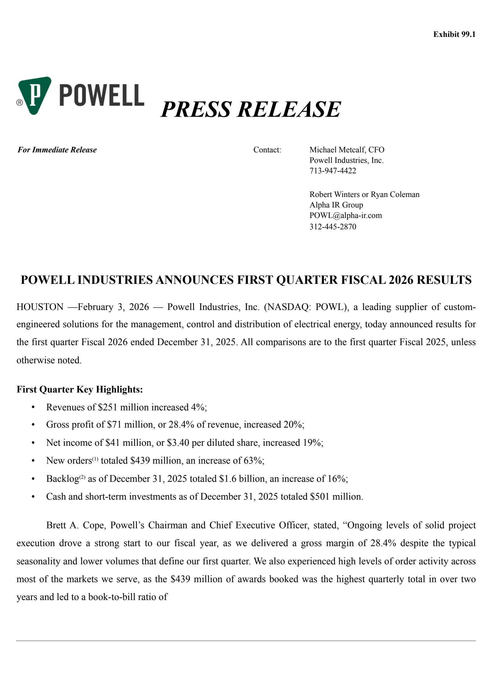 Powell Industries' Q1 2026 Press Release