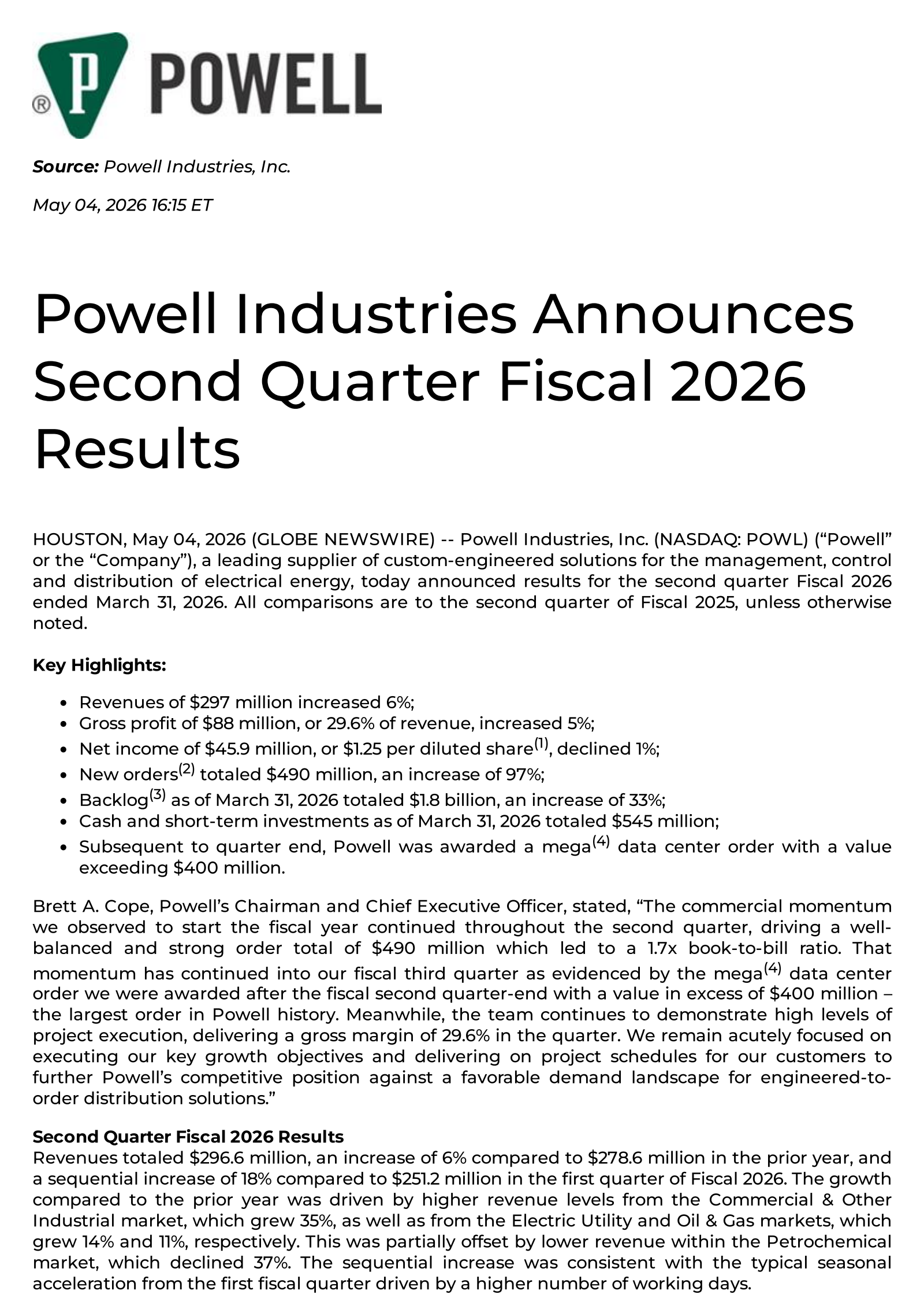 Powell Industries' Q2 2026 Press Release