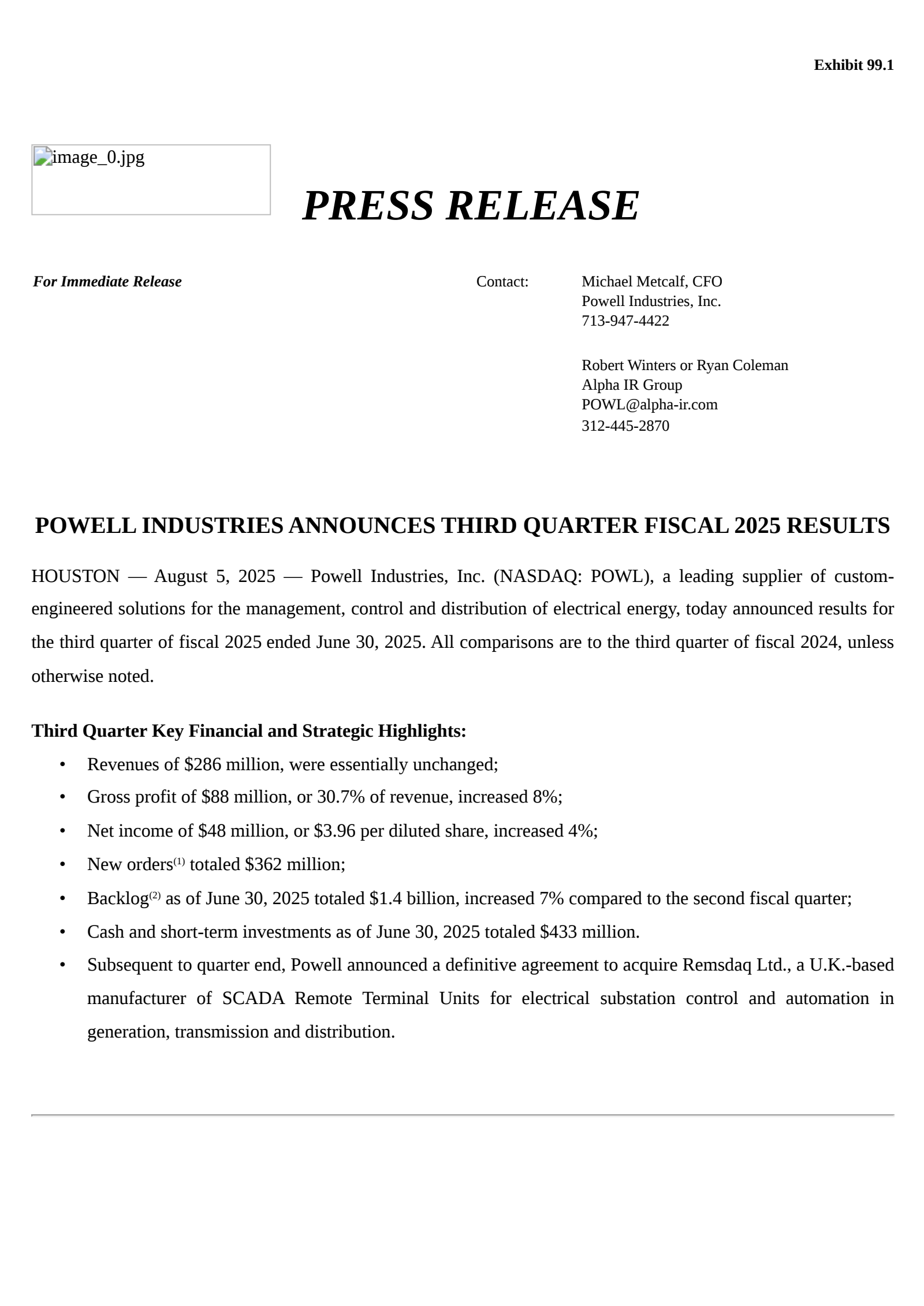 Powell Industries' Q3 2025 Press Release
