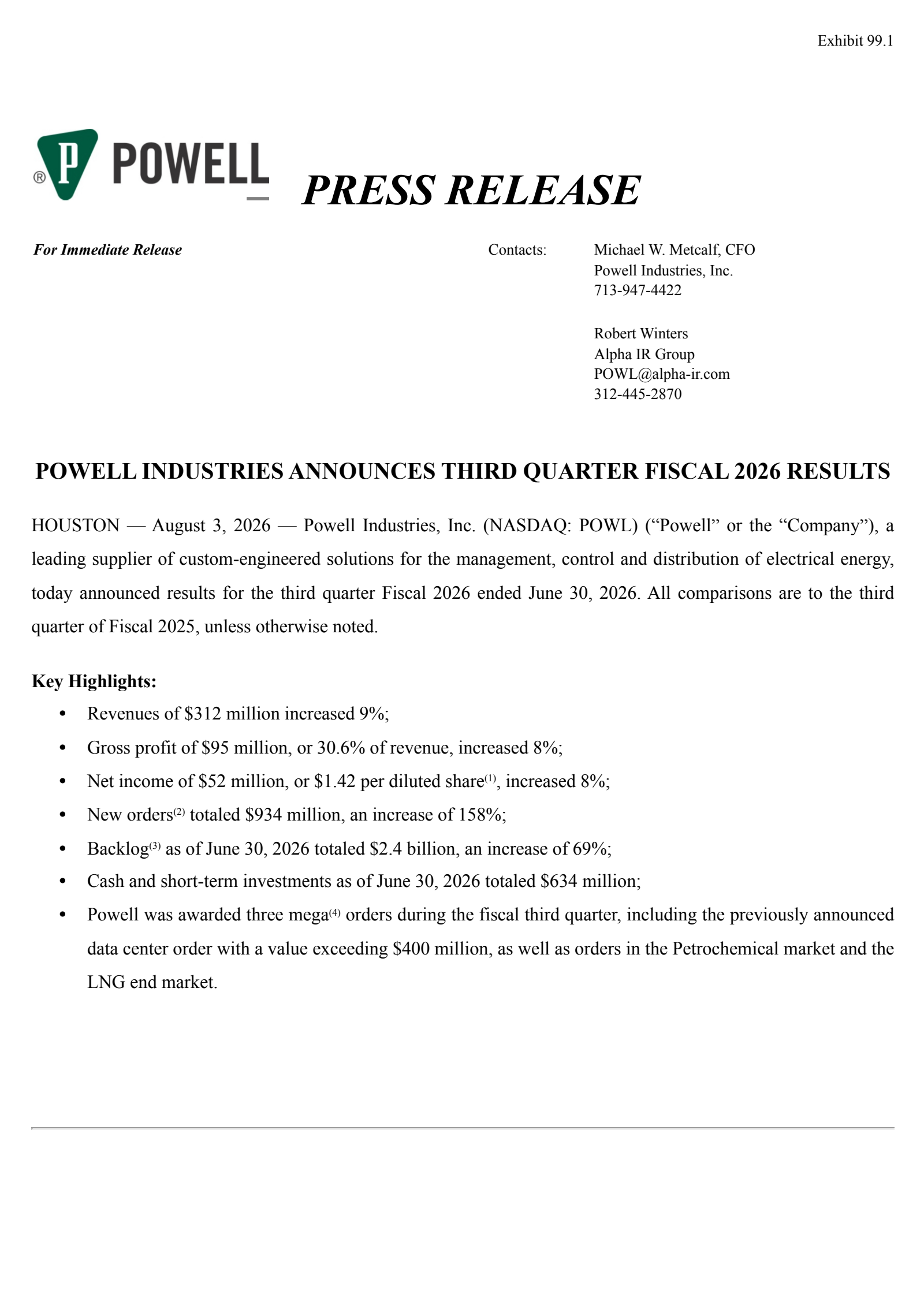 Powell Industries' Q3 2026 Press Release
