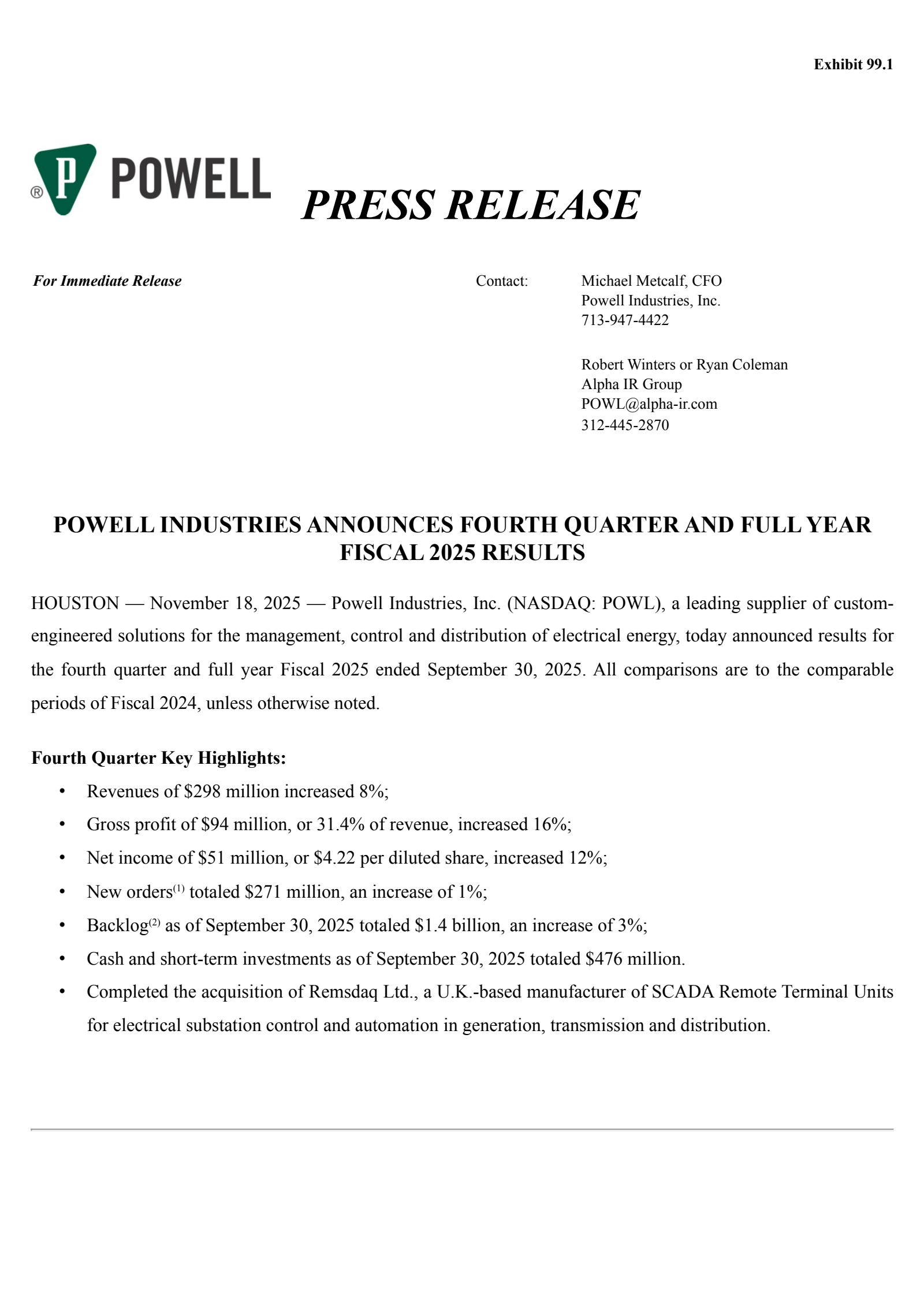 Powell Industries' Q4 2025 Earnings Release