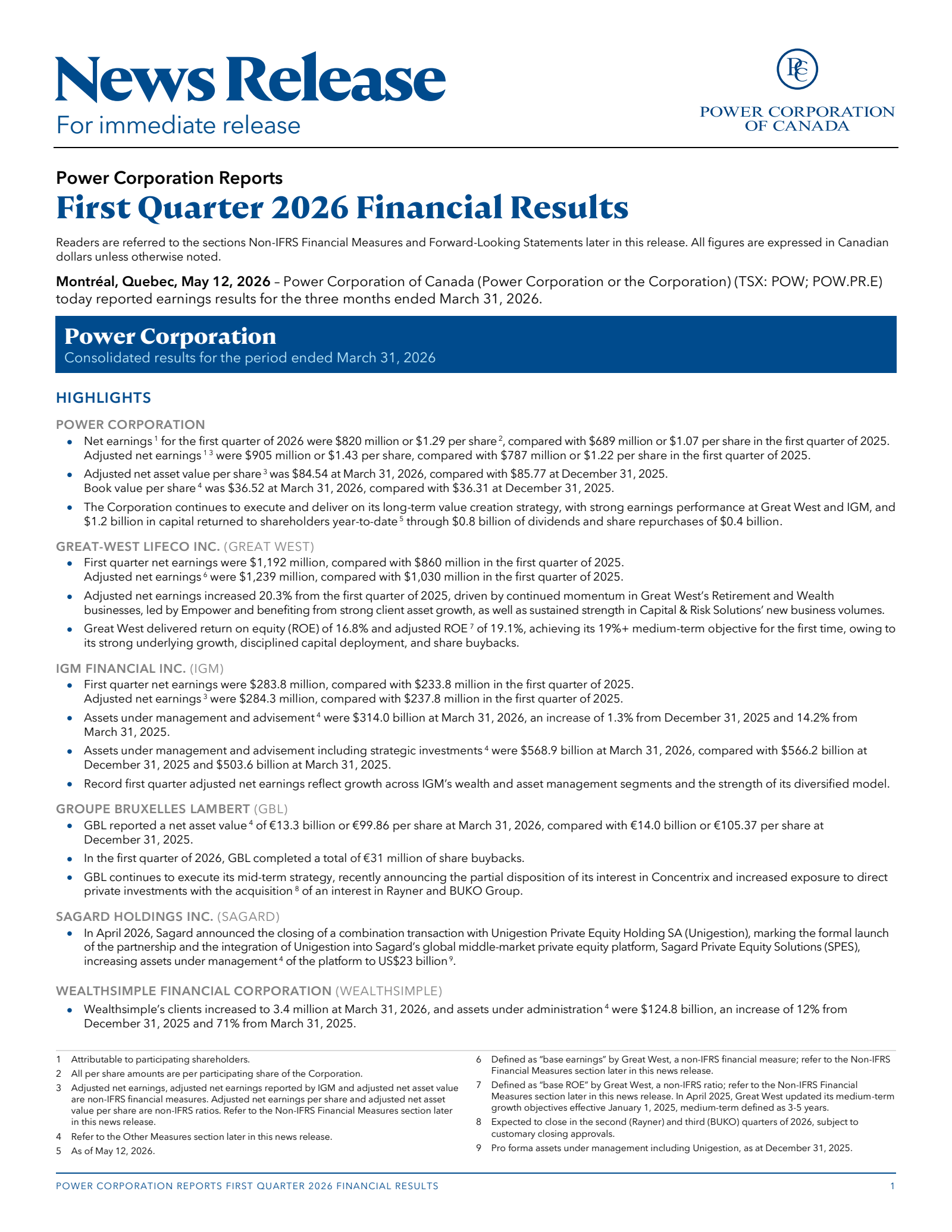 Power Co. of Canada's Q1 2026 Press Release