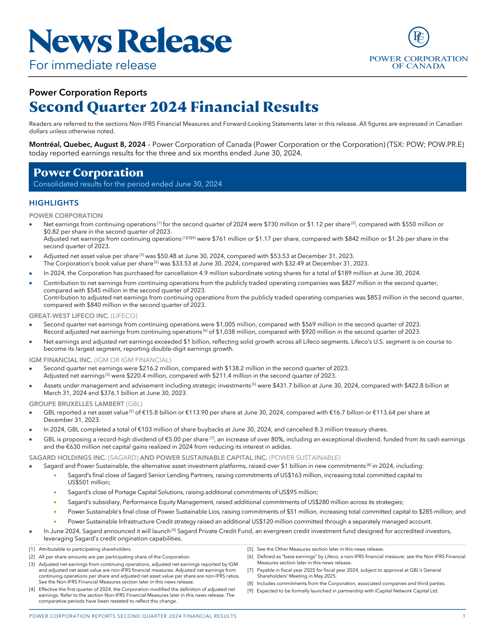 Power Co. of Canada's Q2 2024 Press Release