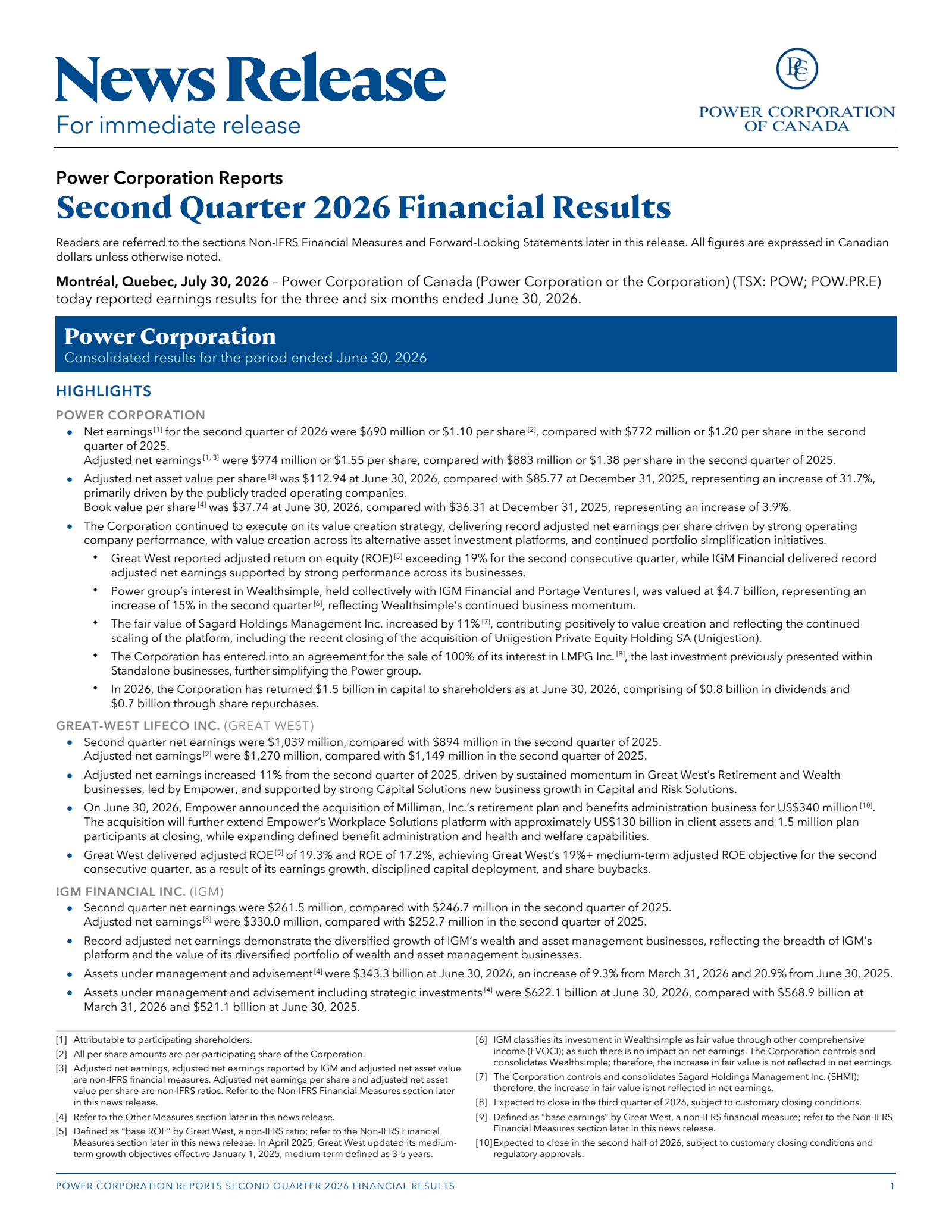 Power Co. of Canada's Q2 2026 Press Release