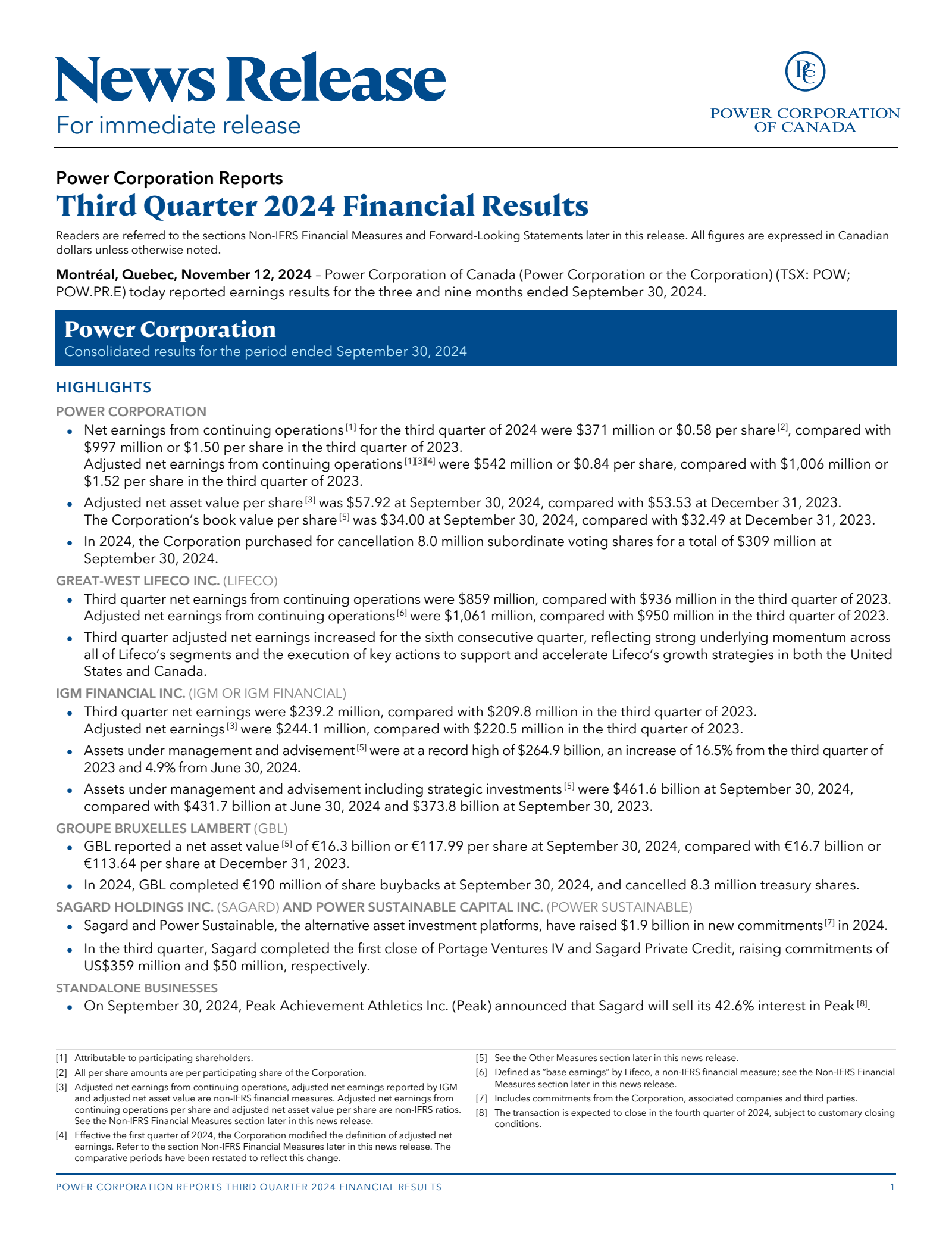 Power Co. of Canada's Q3 2024 Press Release