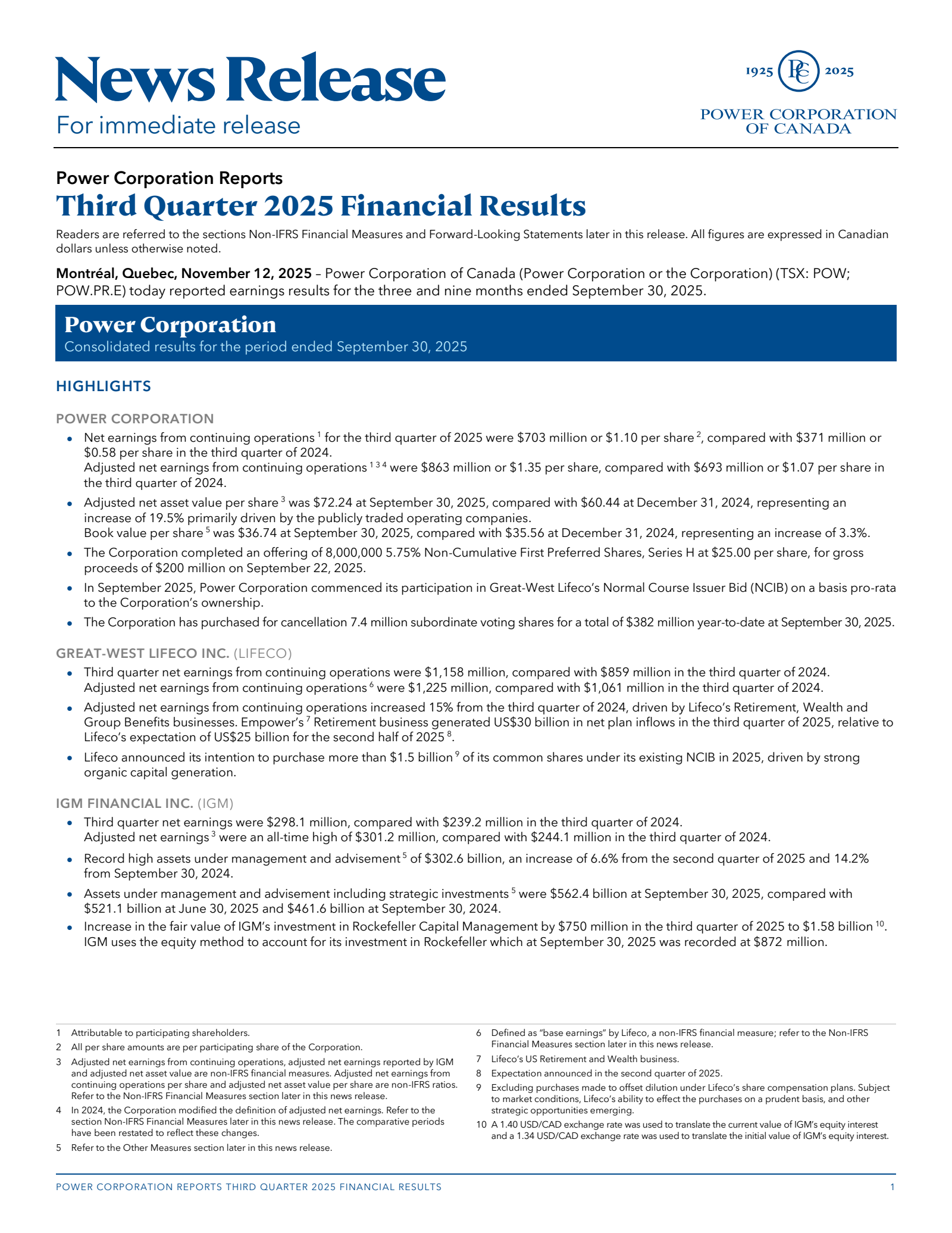 Power Co. of Canada's Q3 2025 Earnings Release