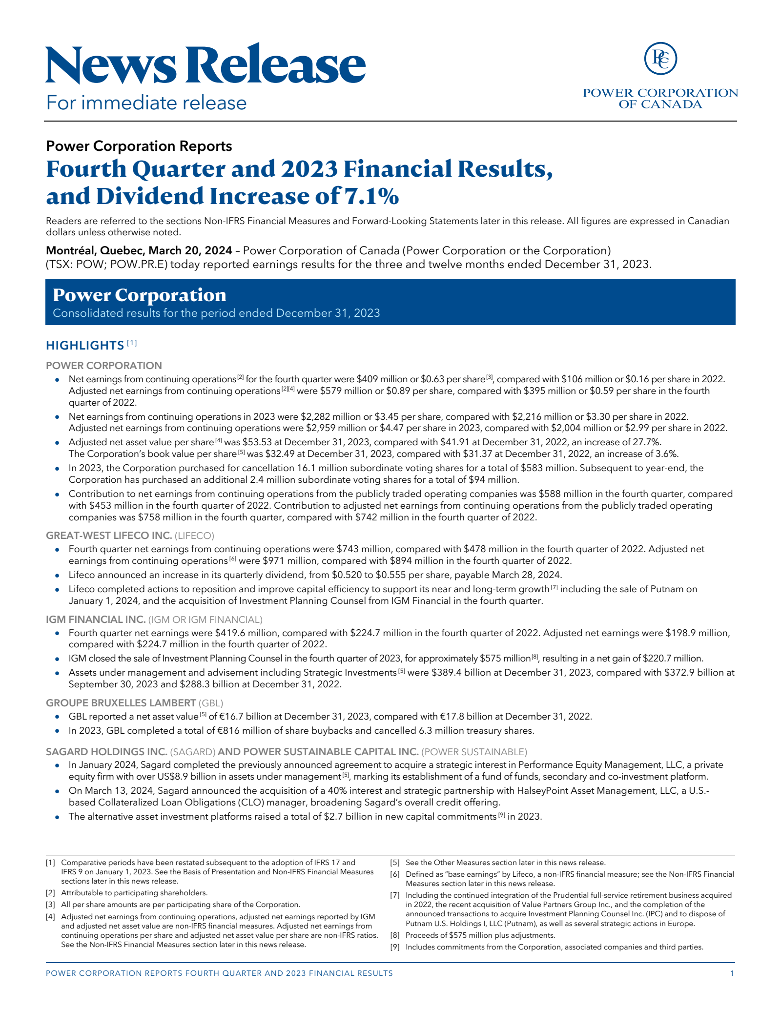 Power Co. of Canada's Q4 2023 Press Release