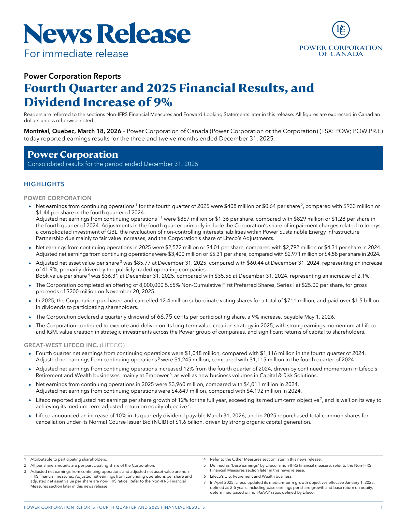 Power Co. of Canada's Q4 2025 Press Release